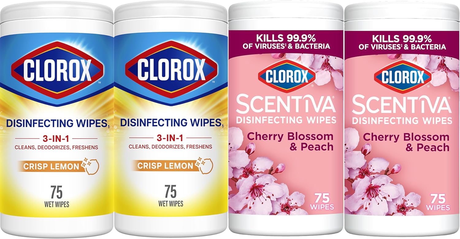 Clorox Disinfecting Wipes Variety Bundle, 2 Crisp Lemon & 2 Cherry Blossom, 300 Total Wipes