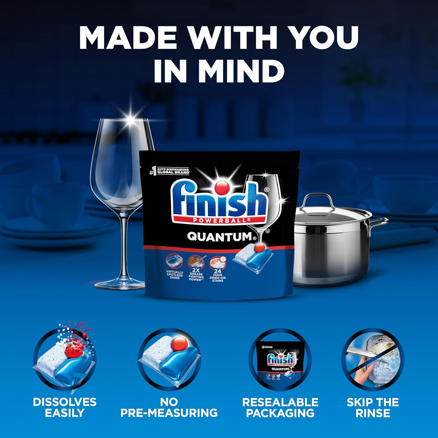 Finish Quantum Dishwasher Pods, No Pre-Rinse Dishwasher Detergent Soap Removes 24HR Dried-On Stain and Grease, Leaving a Virtually Spotless Shine, 100 Count - Image 6