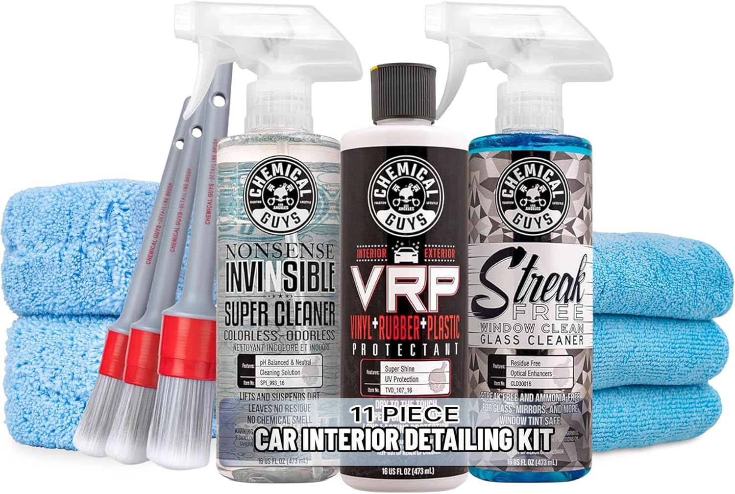 Chemical Guys Car Interior Detailing Kit - VRP Protectant, Nonsense Cleaner, Streak Free Glass Cleaner, 3 Detailing Brushes, 3 Towels, 2 Applicators, 11-Items - Image 2