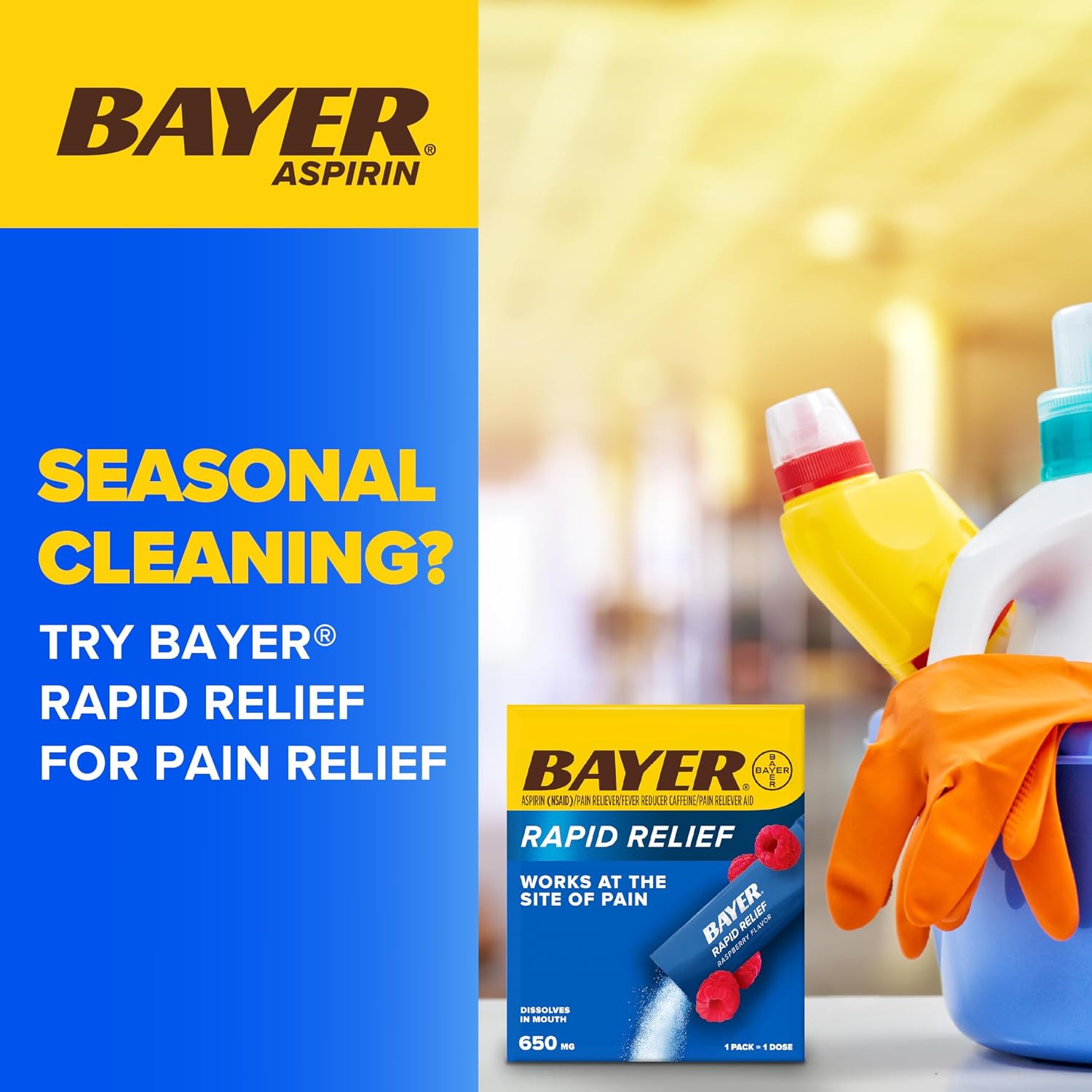 Bayer® Rapid Relief, Dissolvable Raspberry Flavor, Powder Packs with Aspirin & Caffeine, Fast Acting Headache Relief, Muscle and Body Pain Reliever, 30ct - Image 3