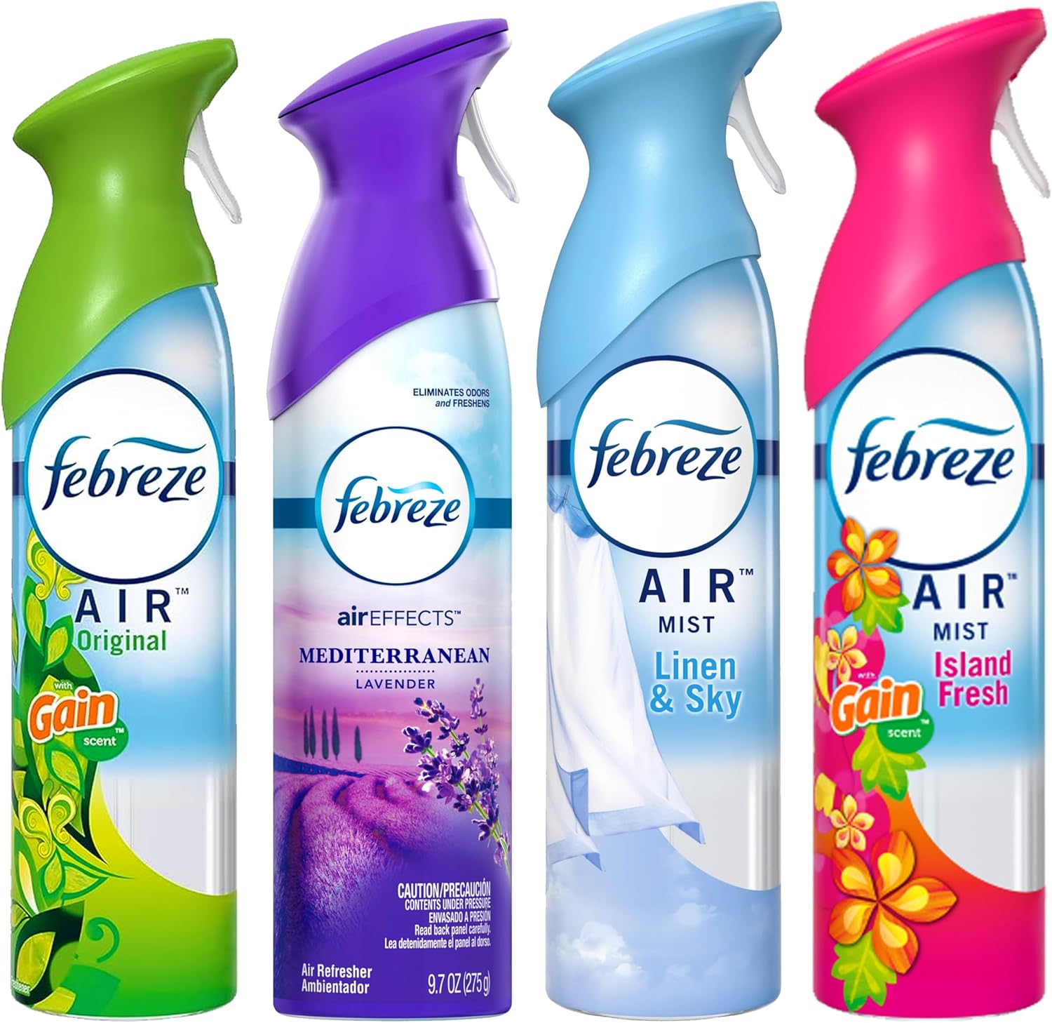 Febreze Air Freshener Odor Eliminator Spray, Assorted Scent Febreze & Bathroom Deodorizer, Original, Island Fresh, Linen Sky & Lavender, 4 Pack