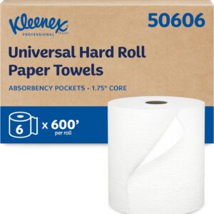 Kleenex® Universal Hard Roll Paper Towels, Bulk (50606), Hardwound 1.75″ Core, Premium Absorbency Pockets™, White, (600’/Roll, 6 Rolls/Case, 3,600’/Case)