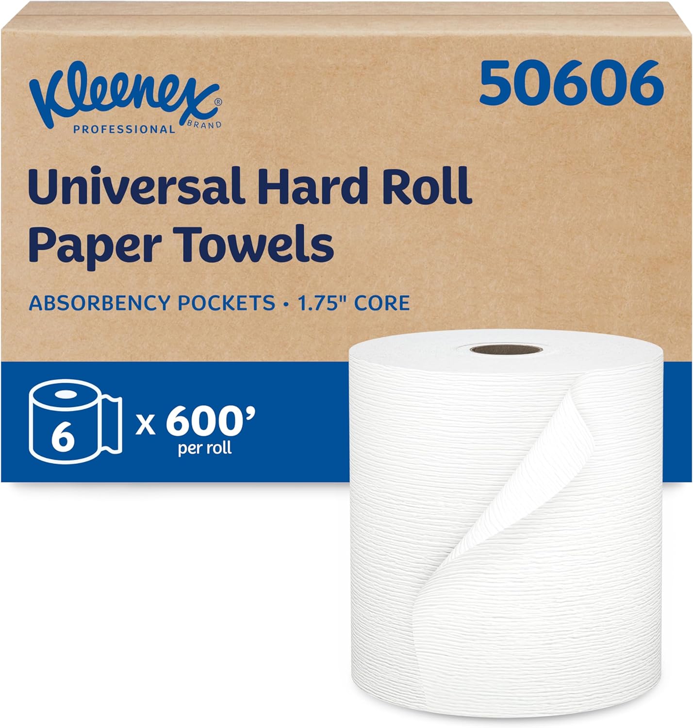 Kleenex® Universal Hard Roll Paper Towels, Bulk (50606), Hardwound 1.75" Core, Premium Absorbency Pockets™, White, (600'/Roll, 6 Rolls/Case, 3,600'/Case)