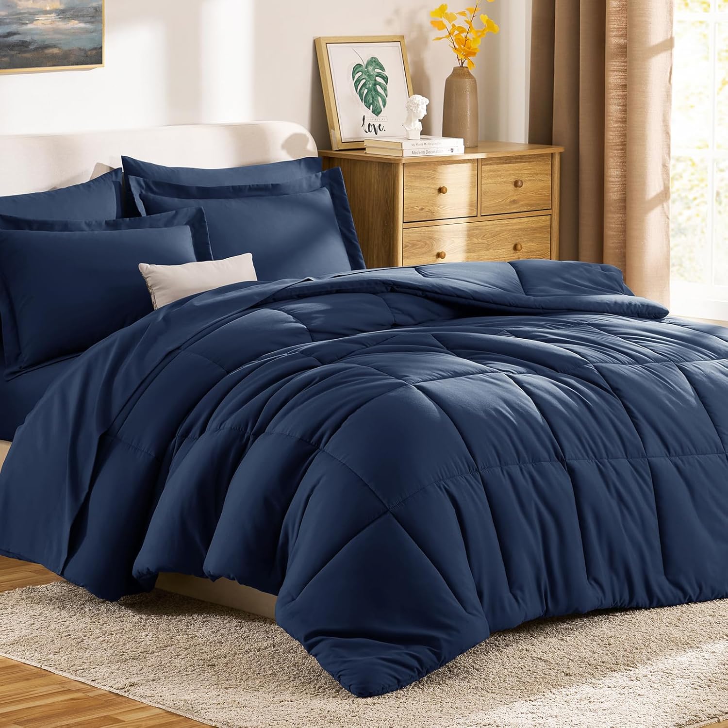 CozyLux Queen Comforter Set Navy Blue - 7 Pieces Bed in a Bag Queen, Oeko-Tex Certified Bedding Set, All Season Soft Bed Set with Down Alternative Comforter, Sheets, Pillowcases & Shams - Image 10