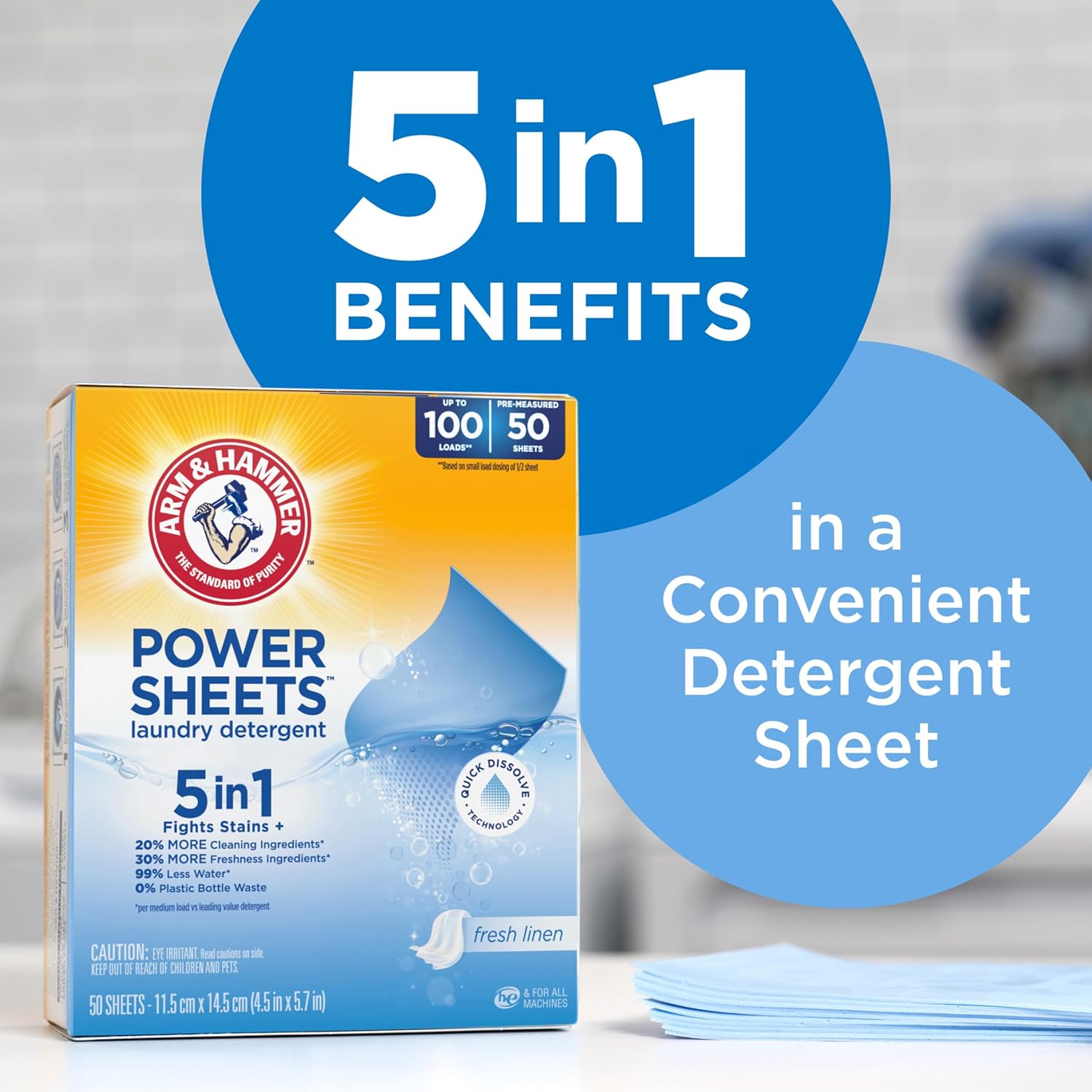 ARM & HAMMER 5-in-1 Power Sheets Laundry Detergent, Fresh Linen, 50 Count, up to 100 Small Loads - Image 3