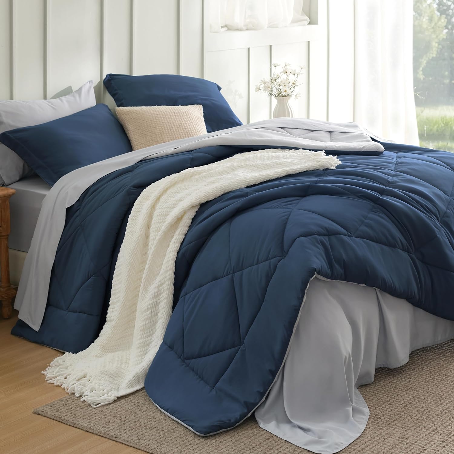 Bedsure Full Size Comforter Set - 7 Pieces Reversible Navy Bed in a Bag Full, Full Size Comforter Sets for Boys for All Seasons with 1 Flat Sheet, 1 Fitted Sheet, 2 Pillowcases and 2 Pillow Shams - Image 2