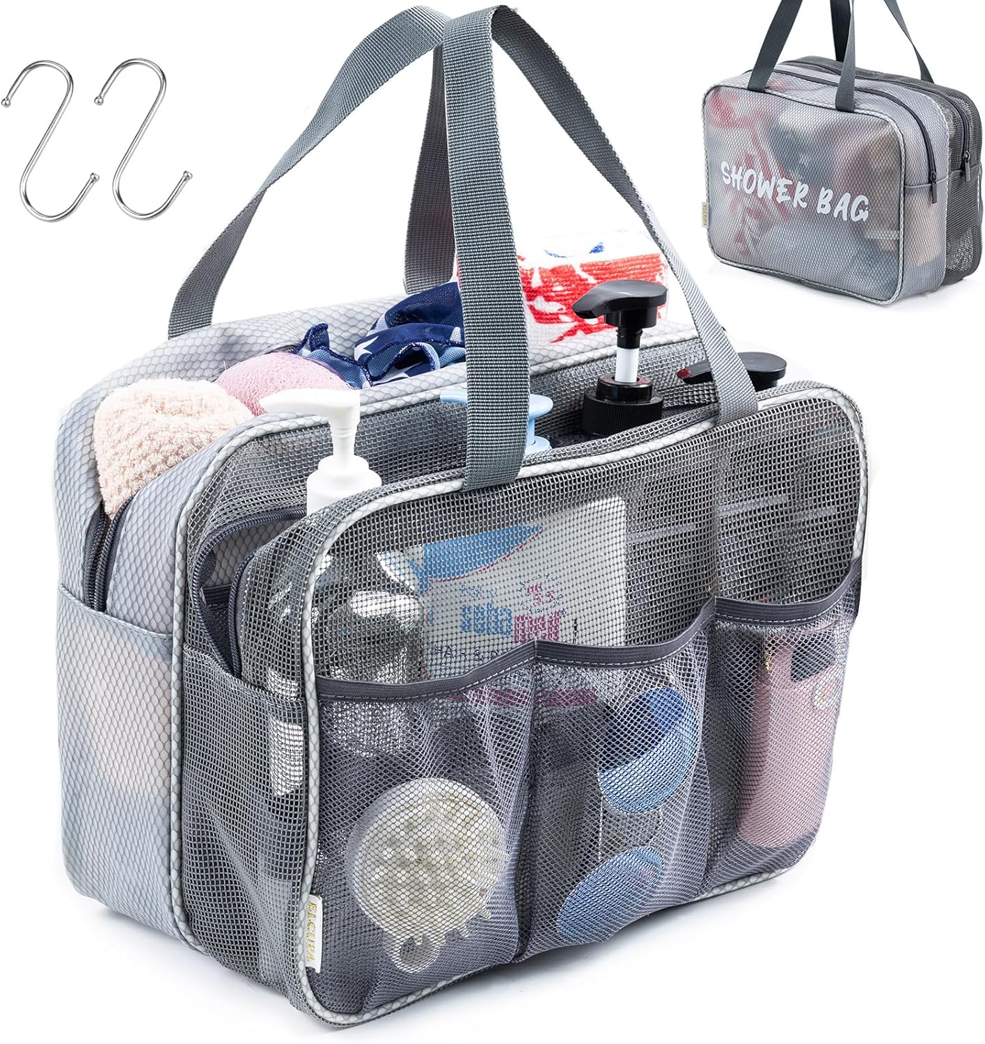 Large Mesh Shower Caddy with Wet & Dry Zones – Portable Hanging Toiletry Bag for College Dorm Room Essentials, Travel, Gym, Camping, Beach Tote Bag – Quick-Dry Shower Tote Organizer - Image 2