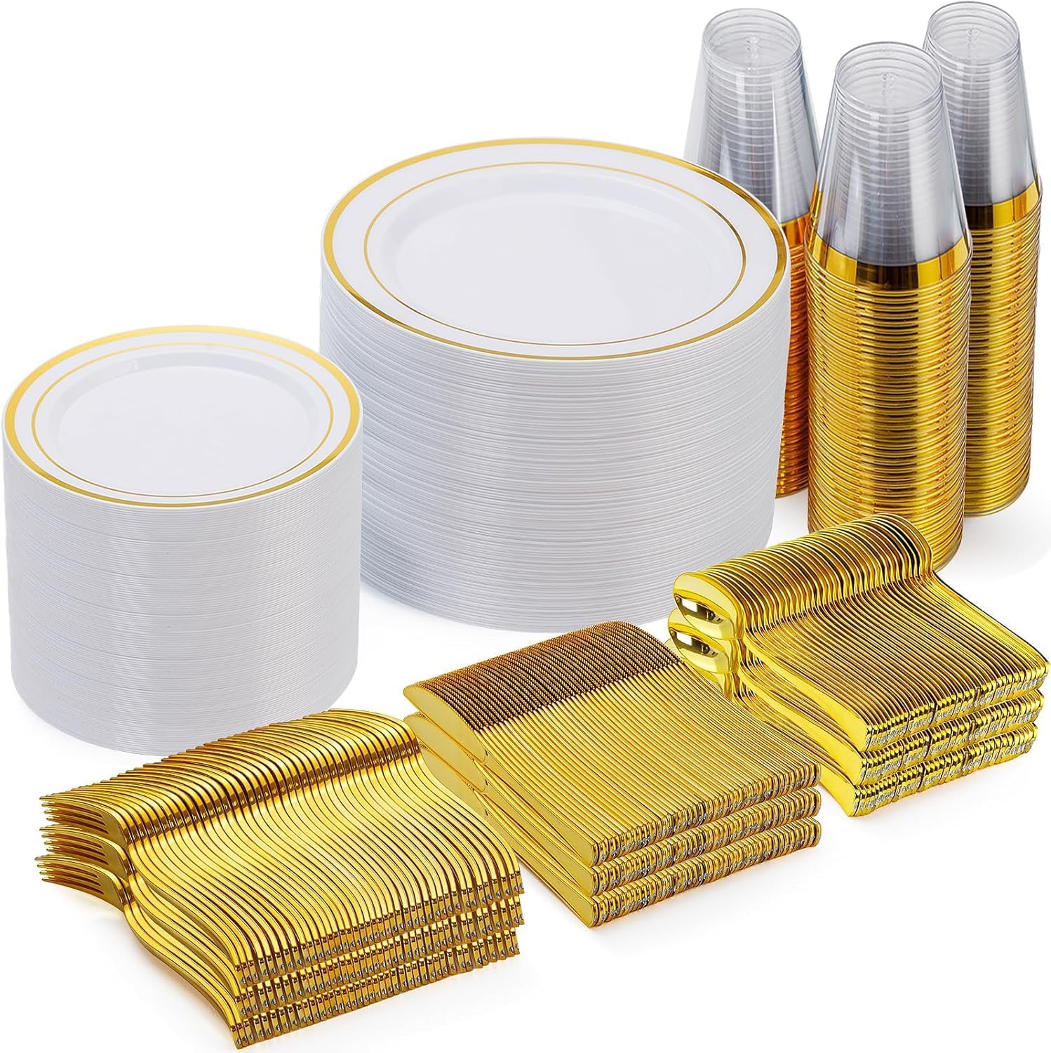 Goodluck 600 Pieces Gold Disposable Plates for 100 Guests, Plastic Plates for Party, Dinnerware Set of 100 Dinner and 100 Dessert Plates, 100 Spoons, 100 Forks, 100 Knives, 100 Cups - Image 2