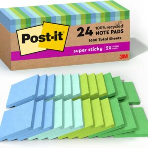 Post-it 100% Recycled Paper Super Sticky Notes, 3 in. x 3 in., 24 Pads, 70 Sheets per Pad, Oasis Collection, School Supplies and Office Products