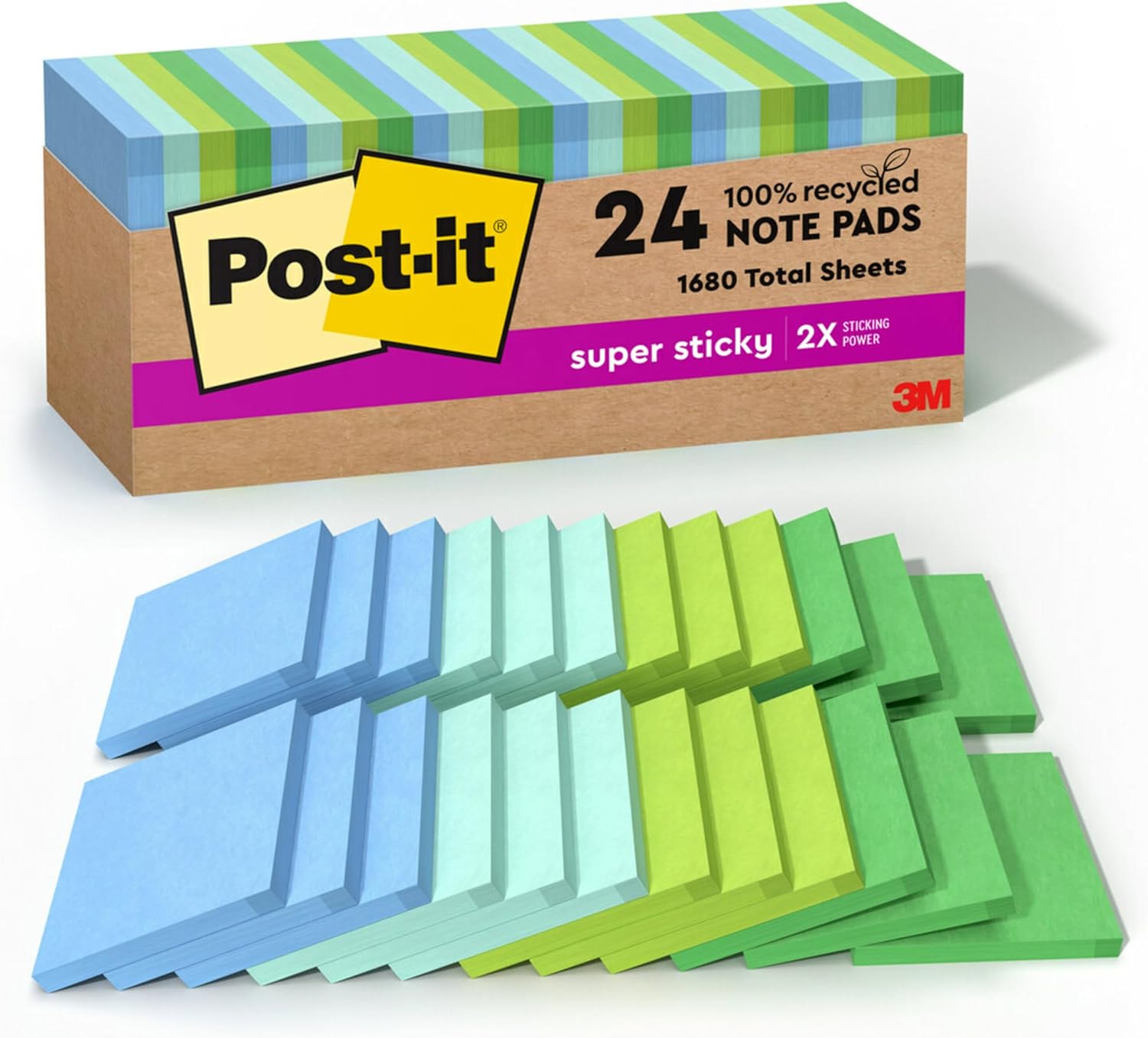 Post-it 100% Recycled Paper Super Sticky Notes, 3 in. x 3 in., 24 Pads, 70 Sheets per Pad, Oasis Collection, School Supplies and Office Products