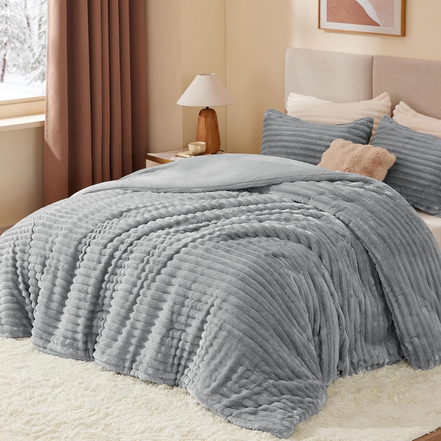 BEDELITE Fleece Queen Comforter Set -Super Soft & Warm Fluffy Light Grey Bedding, Luxury Fuzzy Heavy Bed Set for All Season with 2 Pillow Cases - Image 3