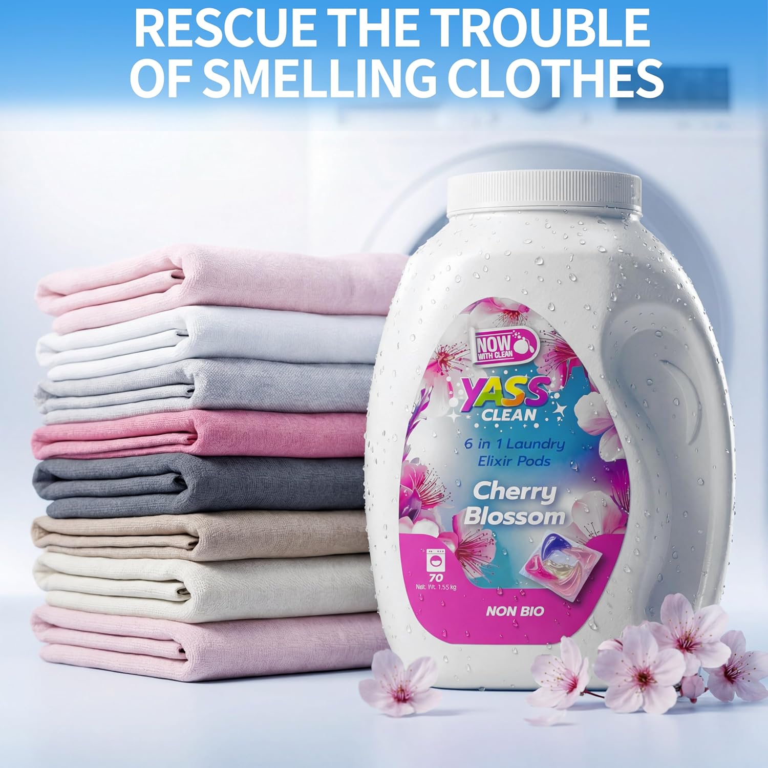 Yass Clean 6-in-1 Laundry Detergent Pods, Odor Defense & Stain Remover, Laundry Pacs with Fresh Cherry Blossom Scent, HE Compatible, 70 Count - Image 4