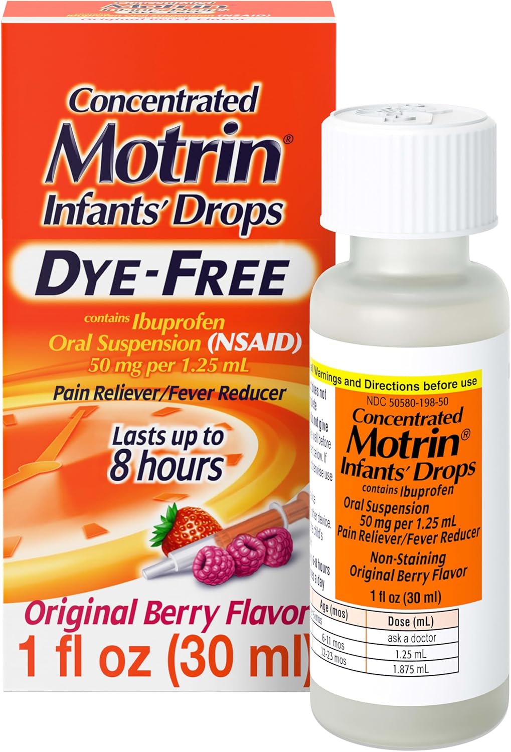 Motrin Infants' Ibuprofen, Fever Reducer, Dye and Alcohol Free, Concentrated Drops, Oral Suspension, Includes Clear Syringe with Markings for Dose Measuring, Berry Flavor 1 Fluid Ounce - Image 2