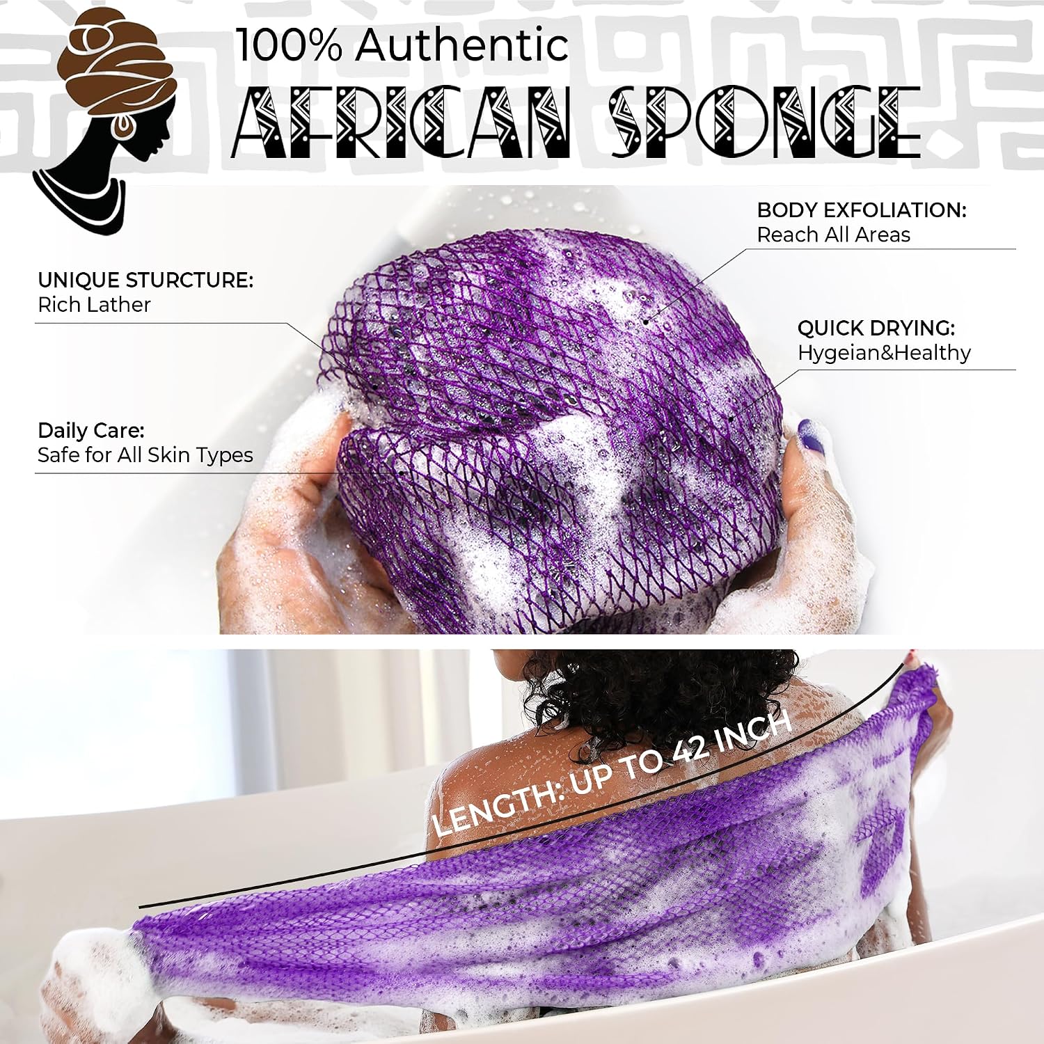 African Net Sponge Authentic - 2 Pieces Exfoliating Body Scrubber Bath Sponge - Loofah Washcloth Back Scrub for Shower Body Exfoliator - Face & Skin Care Bathroom Essentials for Women - Image 3