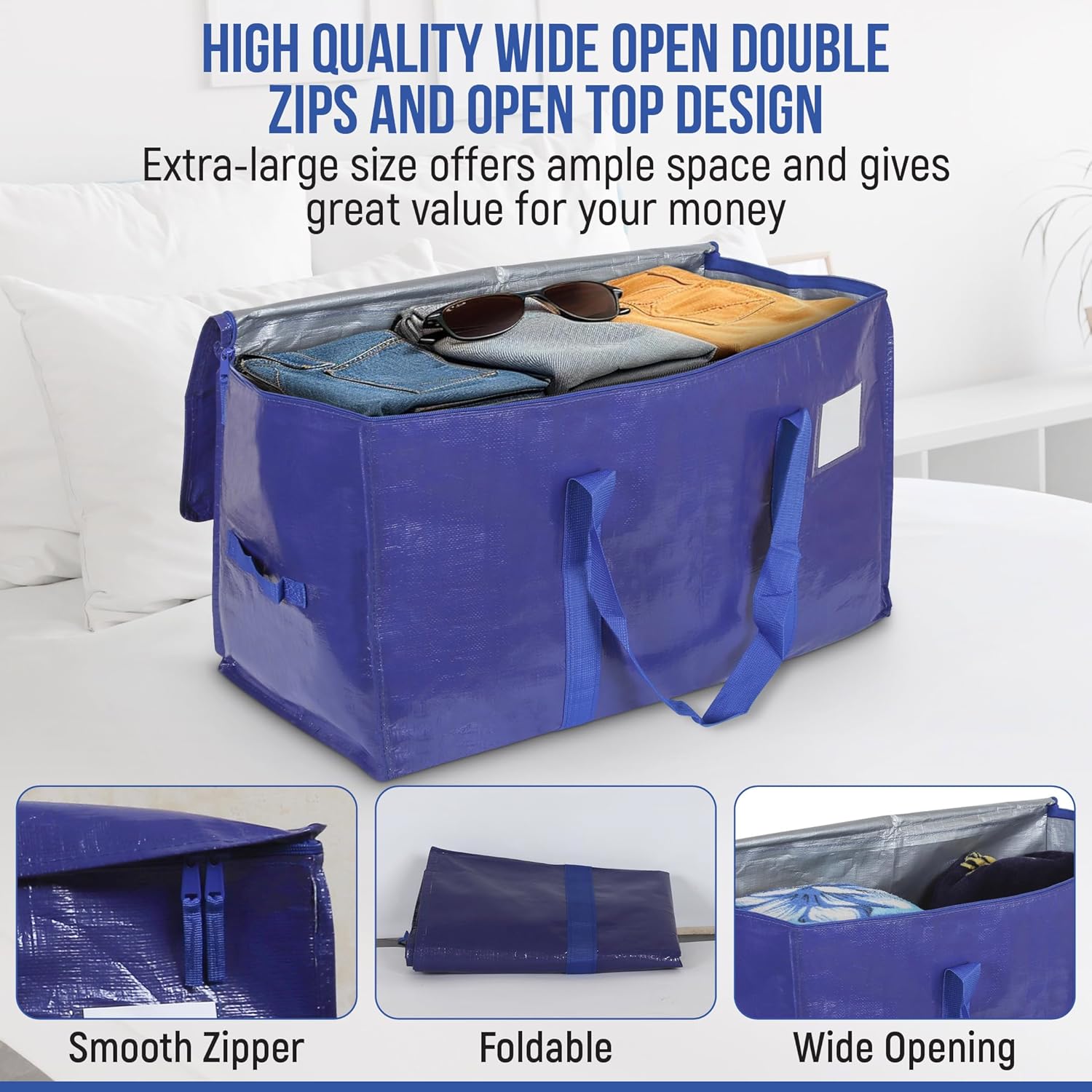 Heavy Duty Moving Bags 6 Pack, 90L Extra Large Storage Bags with Zipper & Handles, Waterproof Moving Box Alternative, Reusable Storage Bins for Clothes, Bedding, Dorm & Moving Supplies - Image 5
