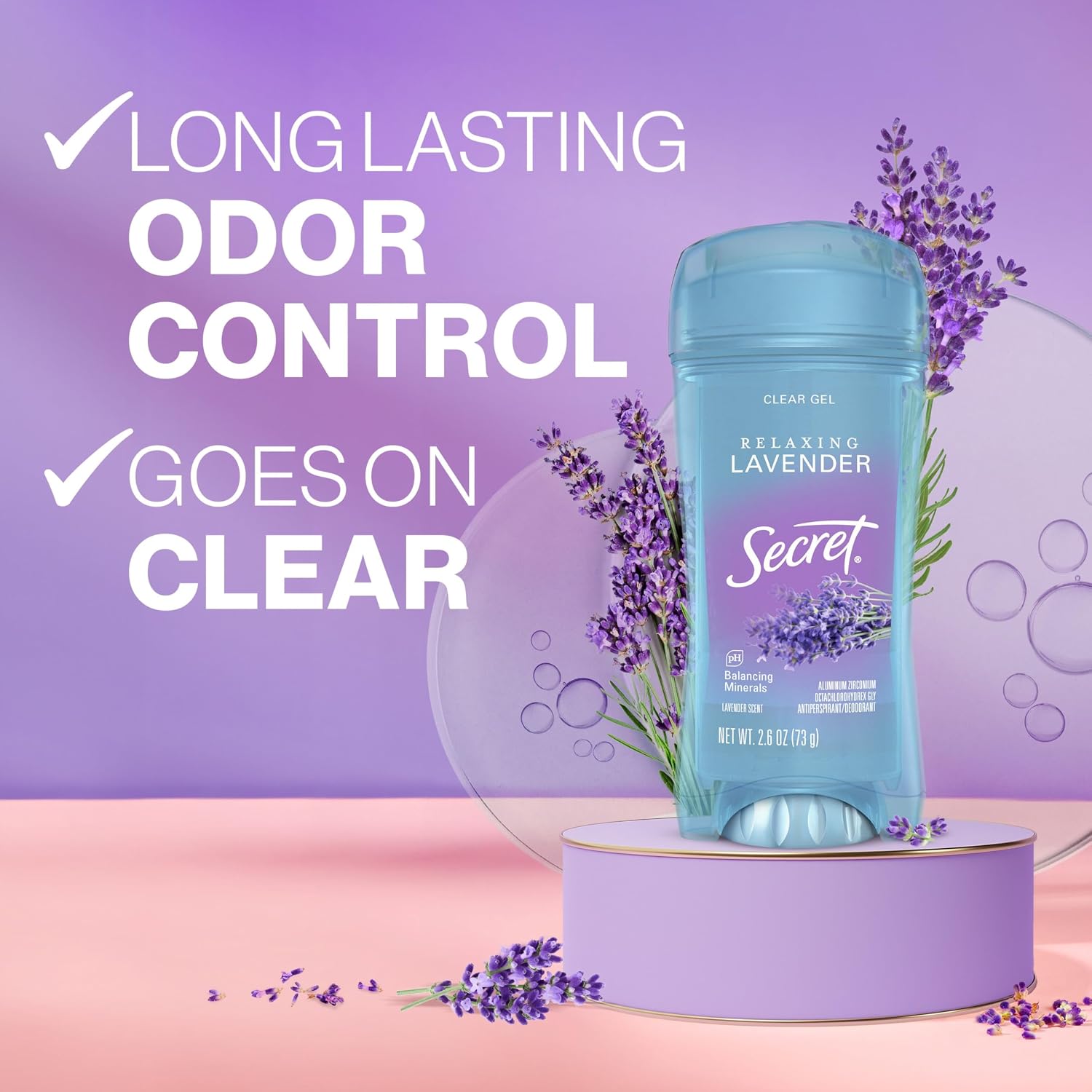 Secret Fresh Antiperspirant Deodorant for Women, 72hr Breathable Sweat & Odor Protection, Instant Freshness & Gentle, PH Balancing Minerals, Clear Gel, Relaxing Lavender Scent, 3.4 oz - Image 3
