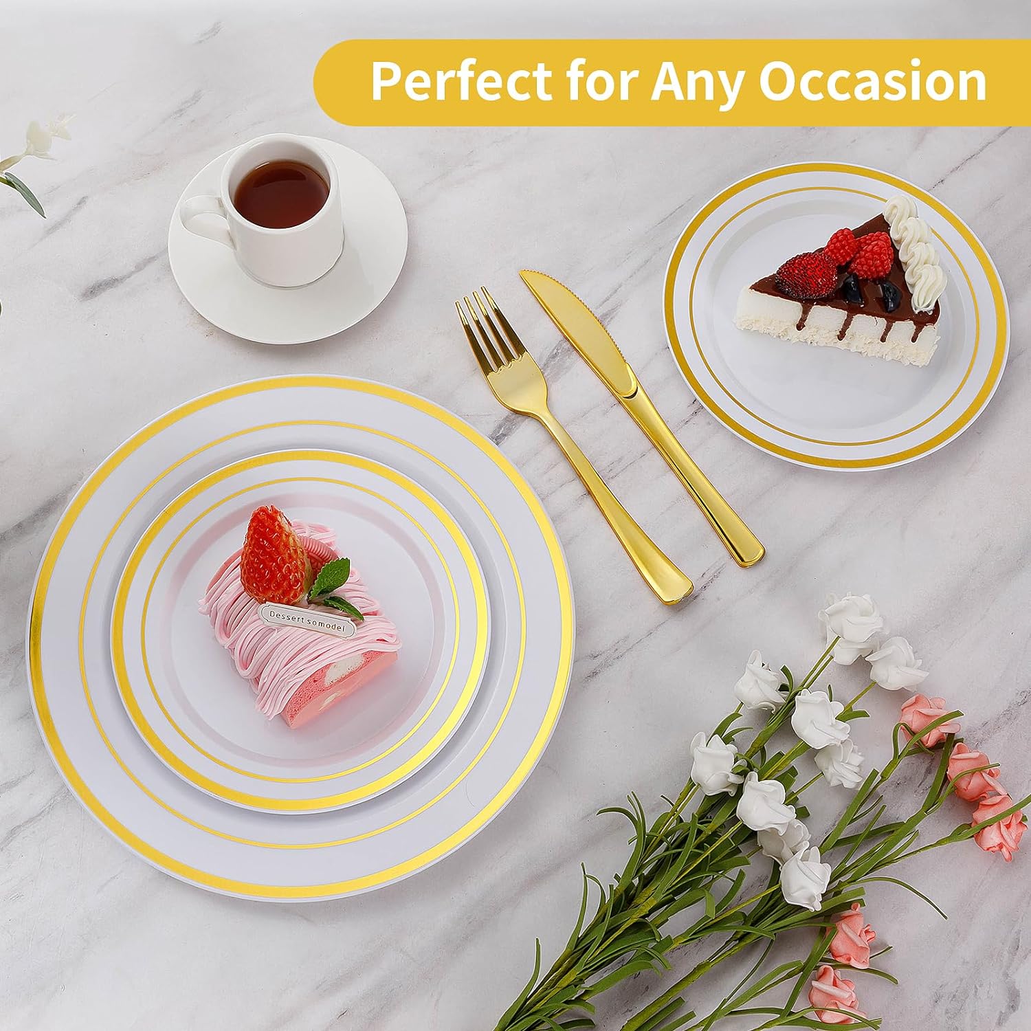 Goodluck 200PCS Gold Plastic Plates, Heavy Duty Disposable Gold Plates with 100 10.25 inch Dinner Plates and 100 7.5 inch Dessert Plates for Party, Holiday, Wedding, Thanksgiving - Image 4