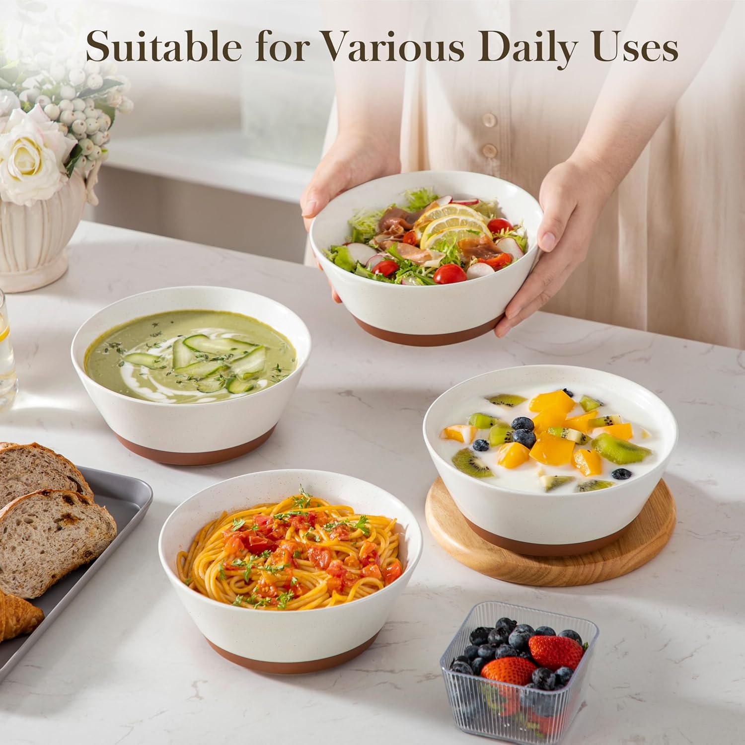 MALACASA Soup Bowls, Ceramic Salad Bowls Set of 4, 36oz Ceramic Bowls for Ramen, Cereal, Fruit and Pho, Microwave & Dishwasher Safe, Speckled Deep Bowls, Vanilla White & Brown - Image 6