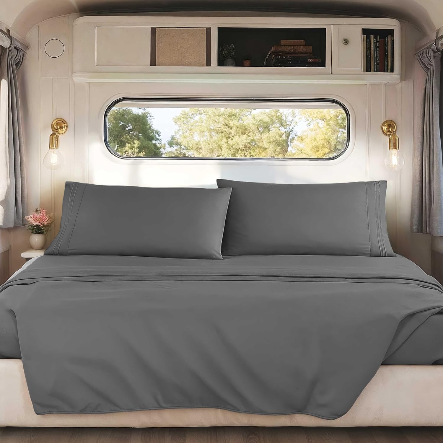 Hearth & Harbor Short Queen Sheets for RV, Dark Grey RV Queen Sheets, Silky Soft 1800 Microfiber Bed Sheet for Camper, 4 Piece RV Bedding with Pillowcases - Image 3