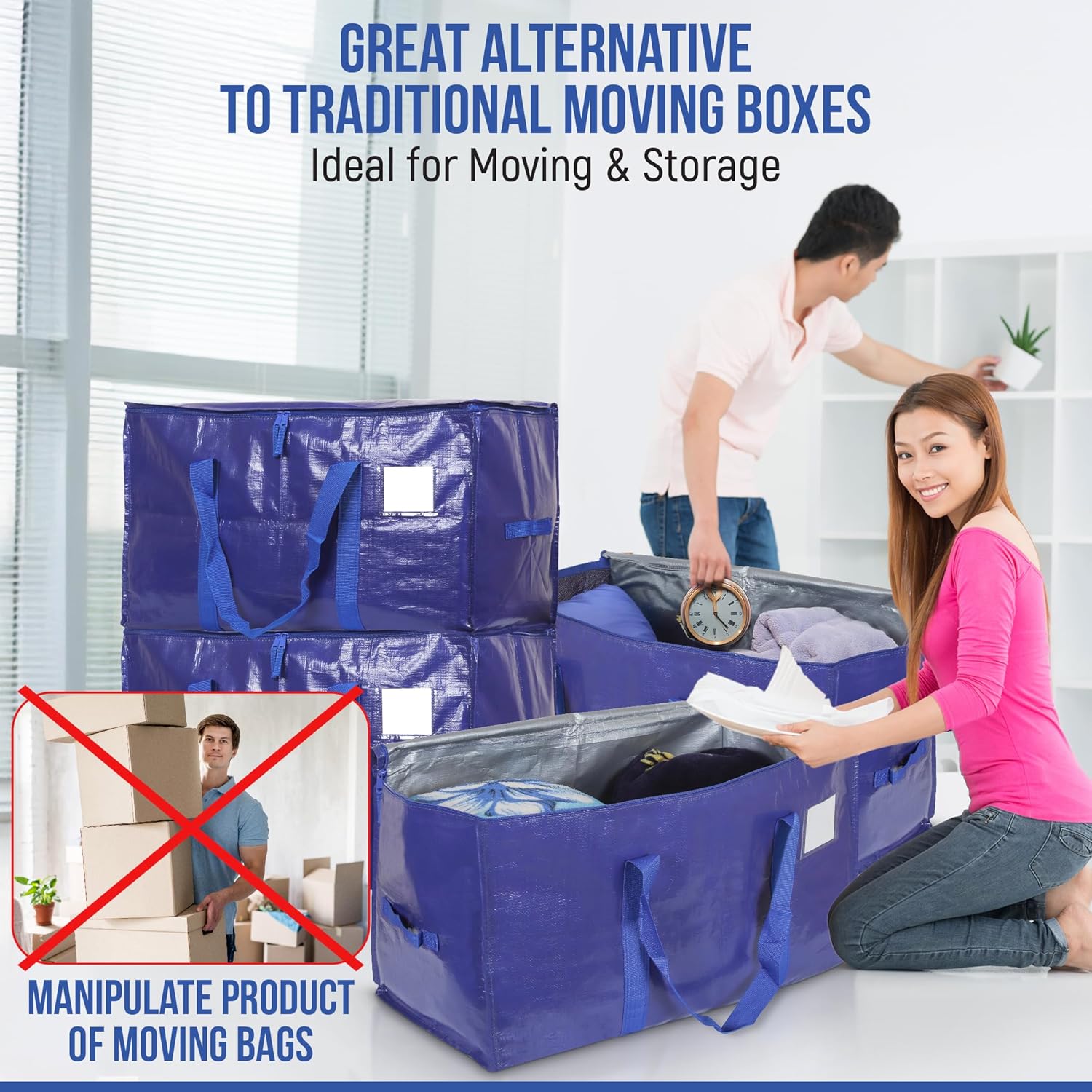 Heavy Duty Moving Bags 6 Pack, 90L Extra Large Storage Bags with Zipper & Handles, Waterproof Moving Box Alternative, Reusable Storage Bins for Clothes, Bedding, Dorm & Moving Supplies - Image 6