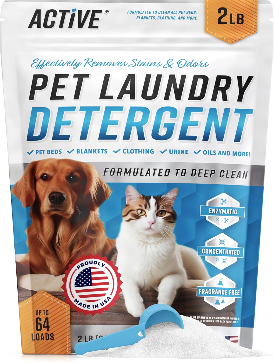 Pet Laundry Detergent Odor Remover - ACTIVE Enzyme Based Powder Detergent for Dogs Beds, Cat Pee, HE Washer Friendly Natural Enzymatic Deodorizer, Urine, Smell, Dog Drool, Stain Eliminator - 64 Loads - Image 2
