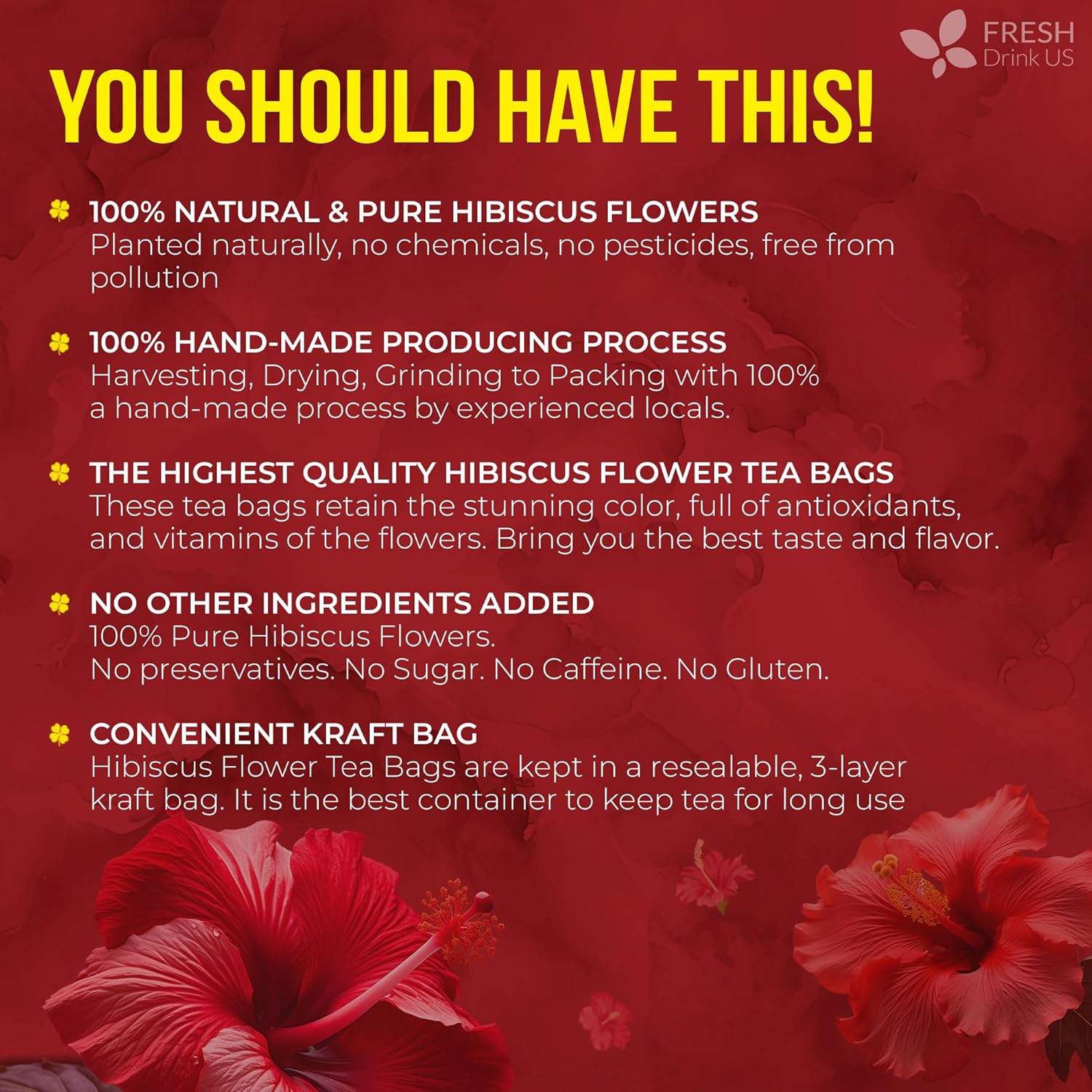 FRESHDRINKUS 140 Hibiscus Flowers Tea Bags, 100% Natural, Pure from Hibiscus Flowers. Loose Flower Hibiscus Herbal Tea. Hibiscus Flower Tea. No Sugar, No Caffeine, No Gluten, Vegan. - Image 5
