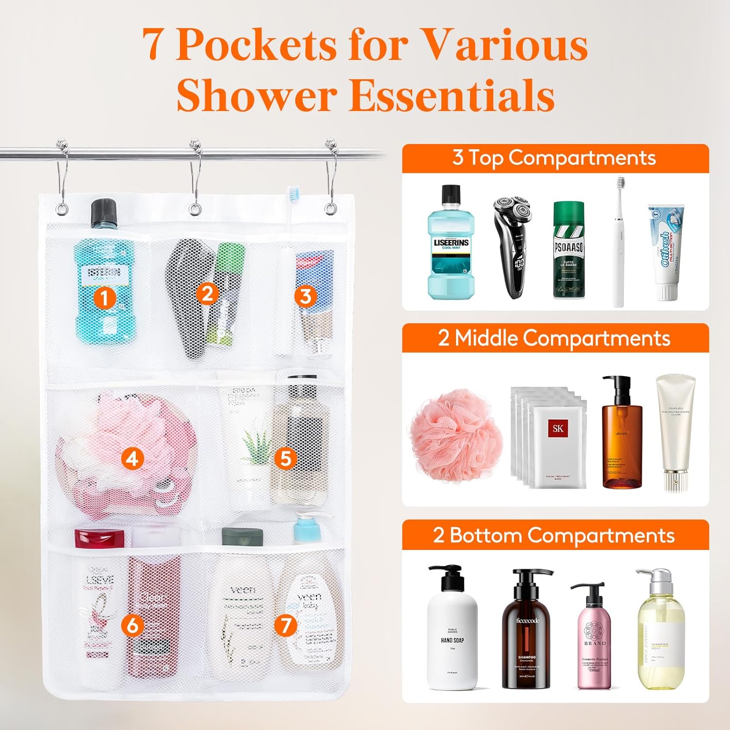 Lifewit Cruise Essentials Shower Caddy Must-Have, 7 Pockets Hanging Bathroom Organizer with Quick-Dry Mesh, Portable Shower Bag to Storage Soap, Shampoo, for RVing, Travel, Camping, White, 2 Packs - Image 4