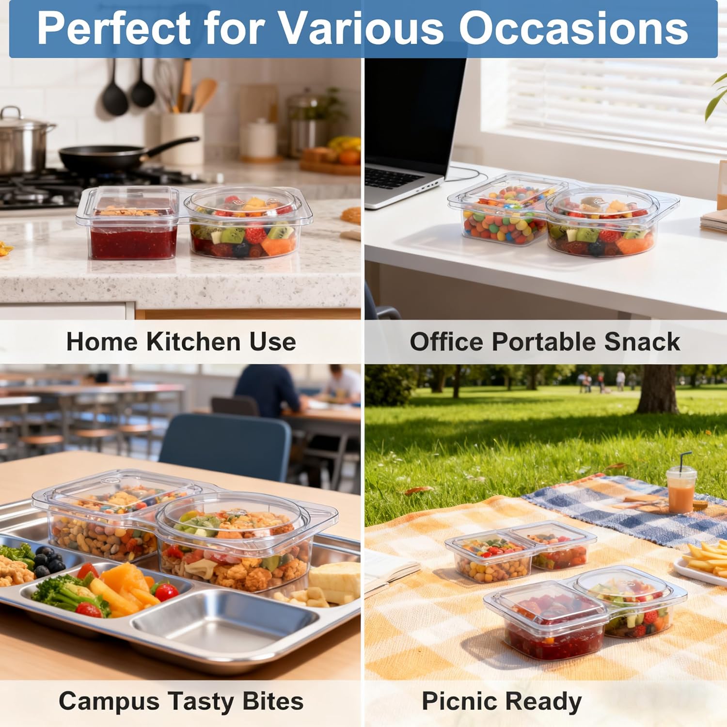 20 Pack Reusable Snack Containers with Lids, Double Compartment Snack Containers for kids & Adults -2 Compartment Condiment Containers, Dishwasher & Microwave Safe, for Portion Control, Meal Prep - Image 7