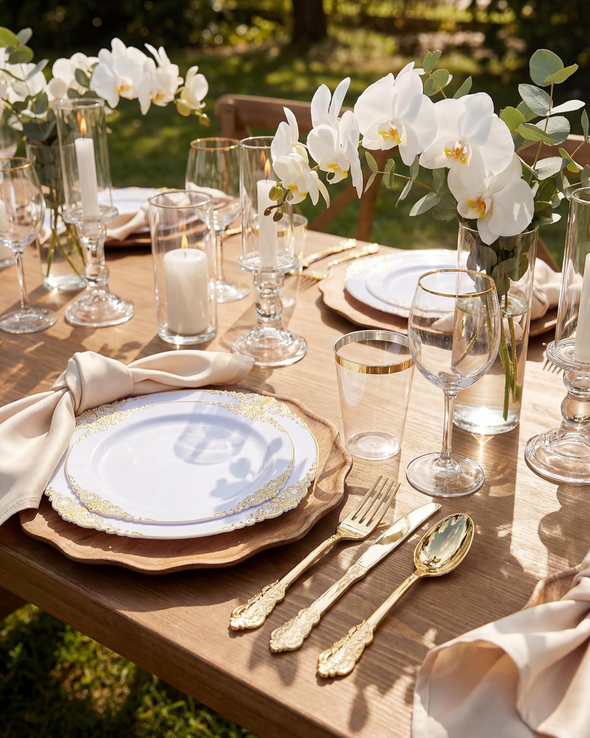 Nervure 350PCS Gold Plastic Plates - Gold Plastic Dinnerware Sets for 50 Guests - 100 Disposable Plates, 150 Silverware, 50 Cups, 50 Napkins for Wedding & Party - Image 9