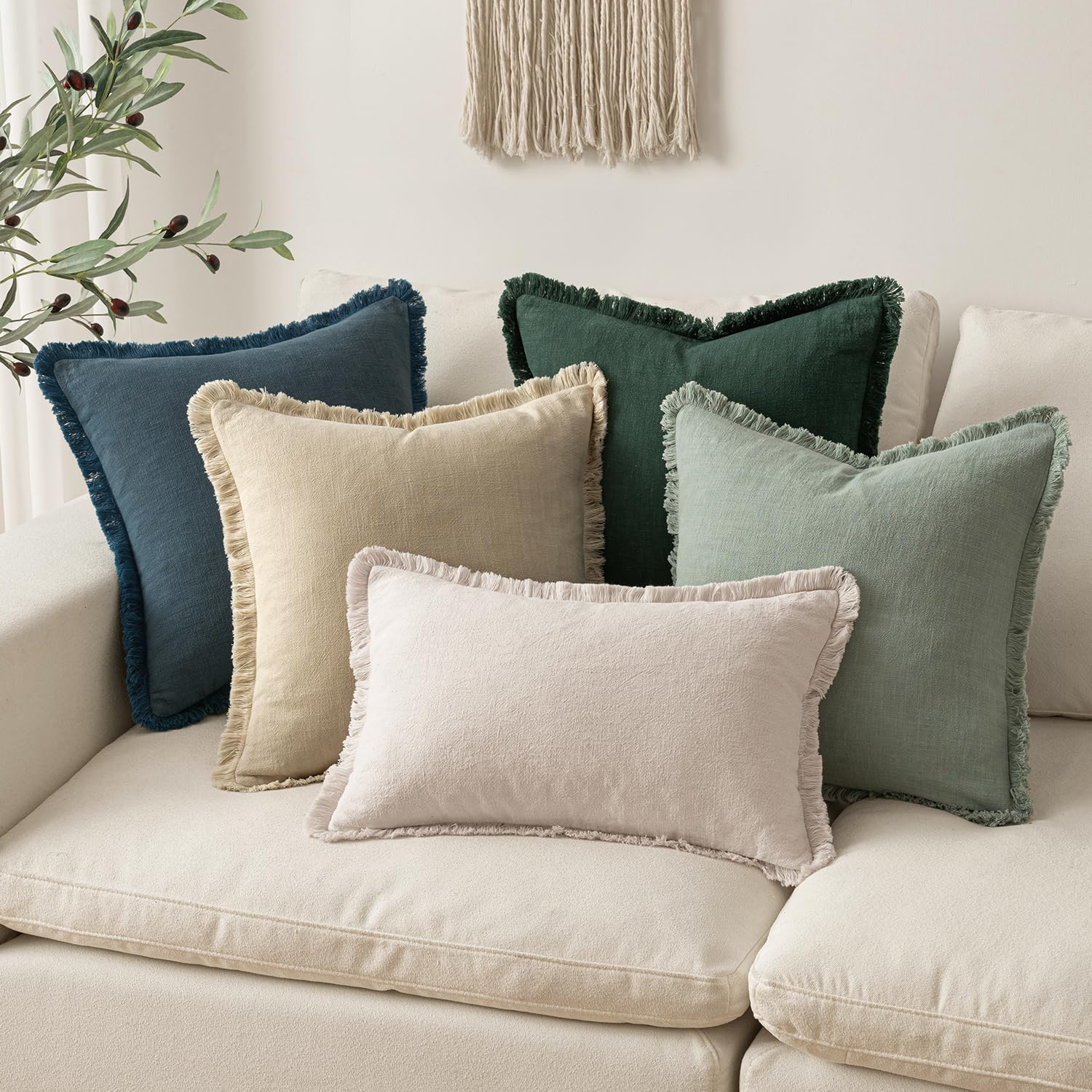 MIULEE Decorative Throw Pillow Covers Neutral Linen Fringe Throw Pillows Set of 2 Beige Boho Farmhouse Cushion Covers with Tassels for Couch Sofa Bed Living Room Spring Home Decor 16x16 Inch - Image 6