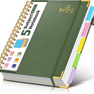 5 Subject Spiral Notebook Journal with Removable Dividers Tabs, 300 Pages Organizer Notebooks for Work School, 8″x10″ Hardcover Leather Notebook College Ruled, Large Lined Journal for Women Men,Green