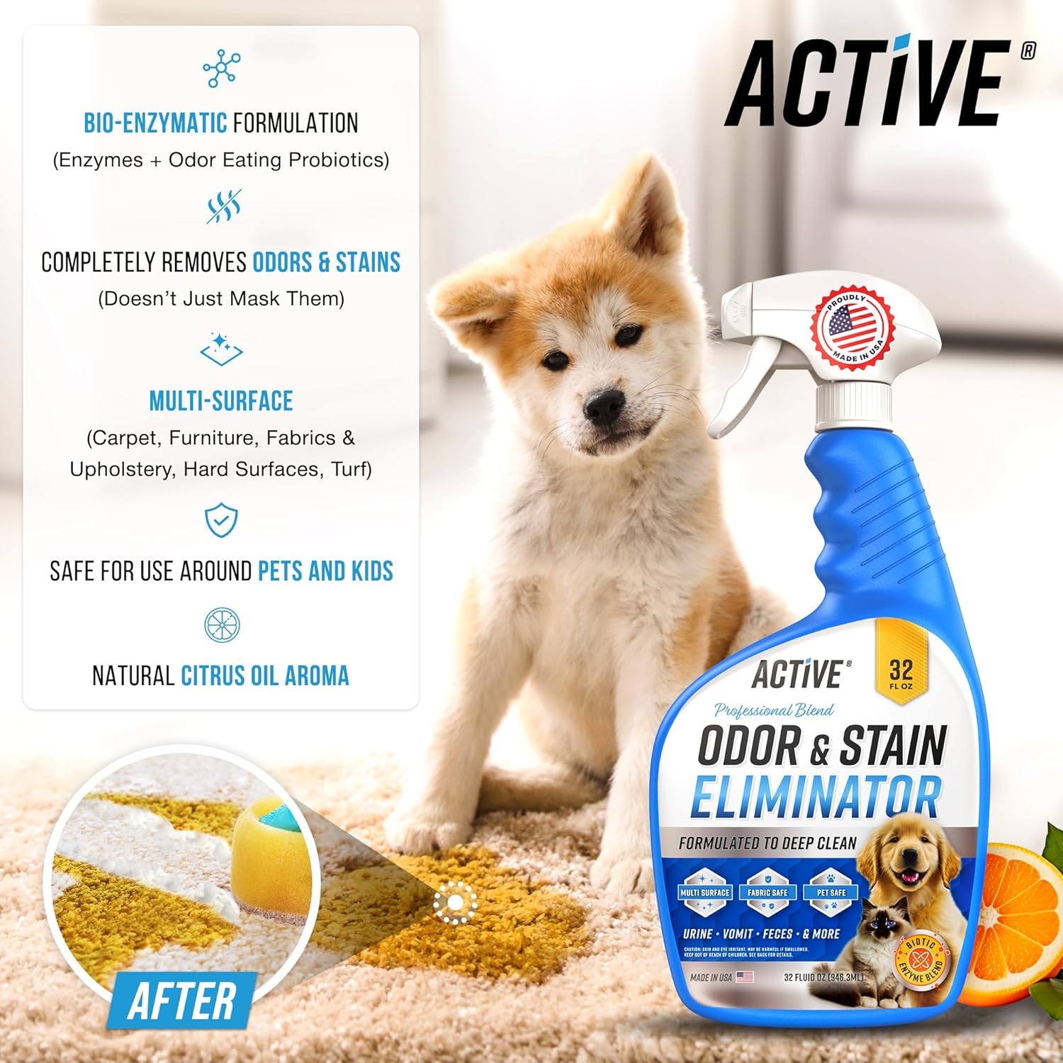 Pet Odor and Stain Eliminator - 32 oz ACTIVE Enzyme Cleaner for Dog & Cat Urine, Stain Remover Spray for Carpet, Upholstery, Hardwood, Spot Cleaning, Deodorizer for Dogs Cats Pets - Natural Citrus Oil - Image 3