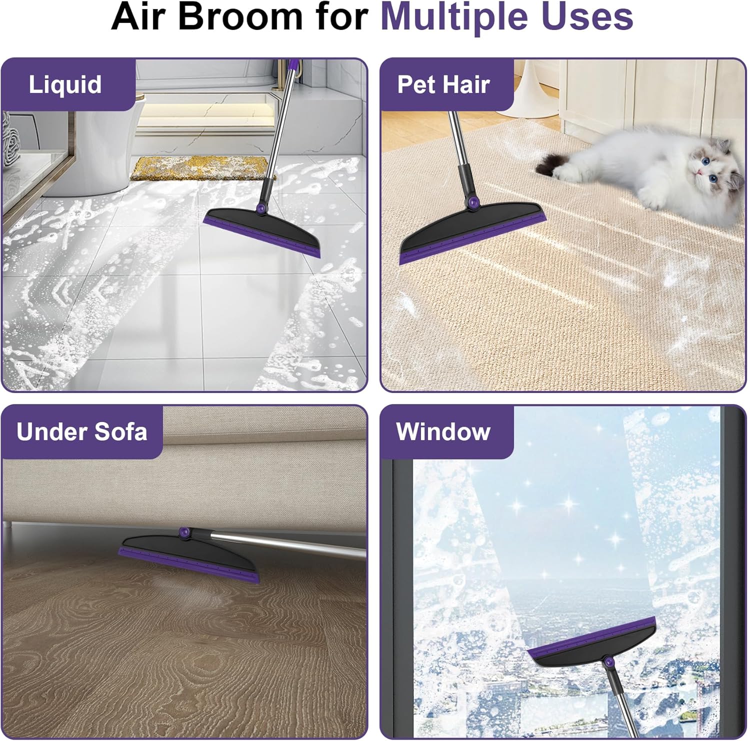Broom with Dustpan Combo Set and Silicone Air Broom Kit, 51" Long Handle Floor Squeegee, Purple Household Kit for Glass Window Rugs Pet Hair Home - Image 5