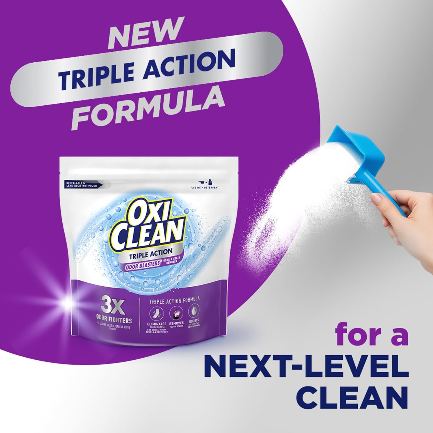 OxiClean Triple Action Odor and Stain Remover Powder, Use with Detergent, Eliminates Tough Odors and Removes Stains, Color Safe and Chlorine Free, 4 lbs - Image 3