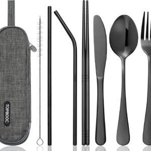 Travel Utensils Set with Case – 8-Piece Reusable Stainless Steel Camping Cutlery Set for Lunchbox, Office, School – Portable Fork Spoon Knife Chopsticks – Dishwasher Safe – Black