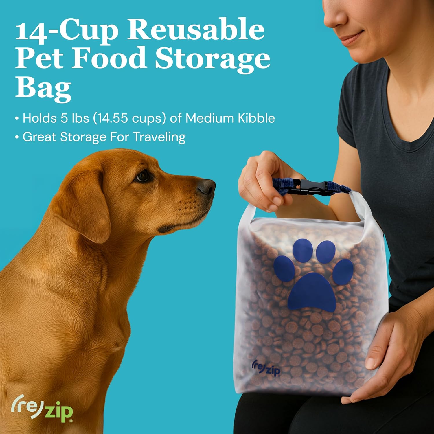 (re)zip Roll Top Pet Food Storage Bag (14-Cup) | BPA-Free, Food Grade, Pet Safe, Travel-Friendly | Keeps Kibble Fresh for Camping, Dog Boarding, Weekend Getaways | Machine Washable | Cobalt Blue - Image 3