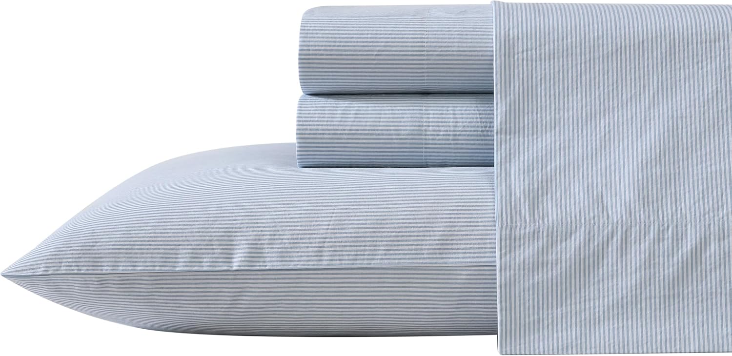 Nautica - Queen Size Sheet Set, Crisp Cotton Percale Bedding with Matching Pillowcases, Fully Elastic Fitted Sheet, Deep Pocket, Nautical Room Decor (Penny Pinstripe Blue) - Image 2