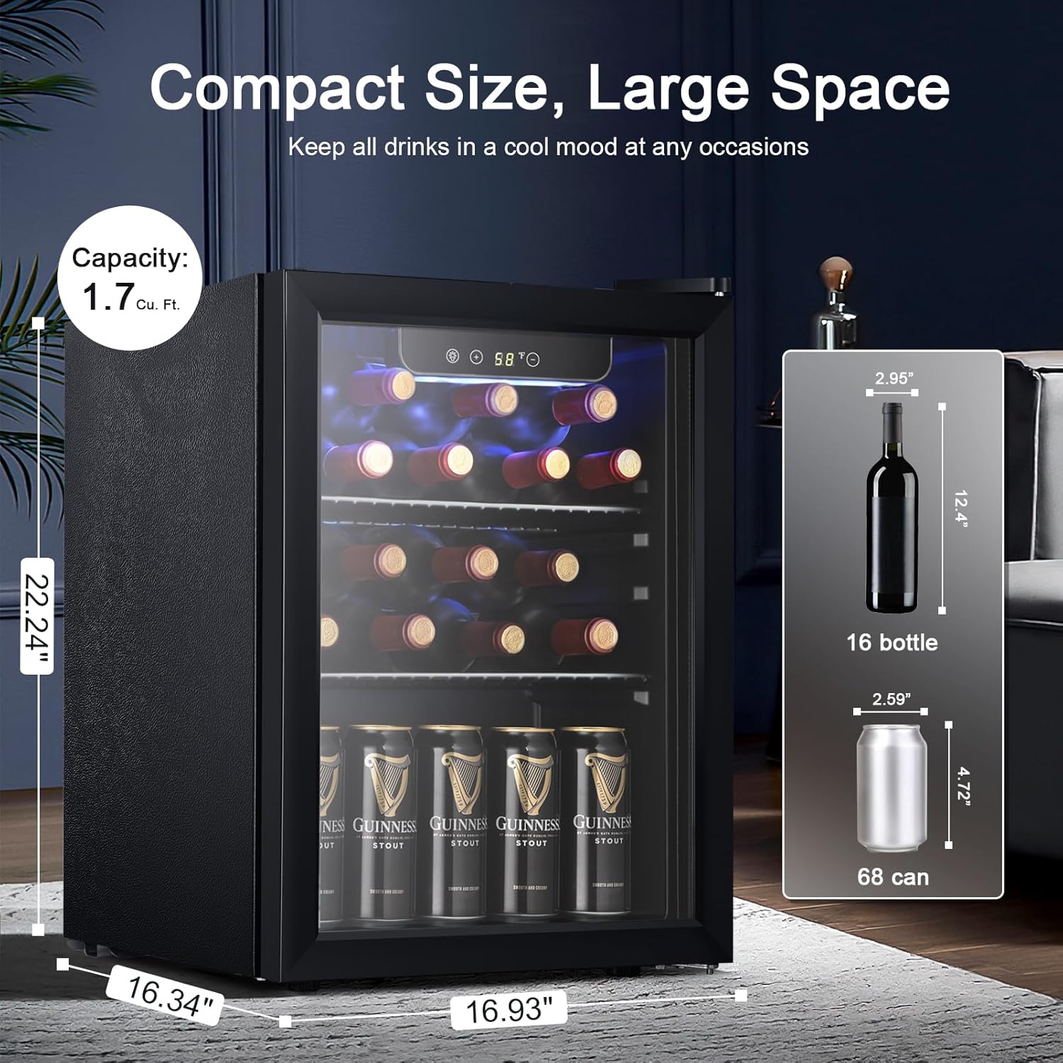 Antarctic Star Beverage Refrigerator Cooler 68 Can, Mini Fridge with Glass Door for Beer Drinks Wine,Freestanding Small Fridge with Electronic Temperature Control for Home and Bar,1.7 cu.ft - Image 3