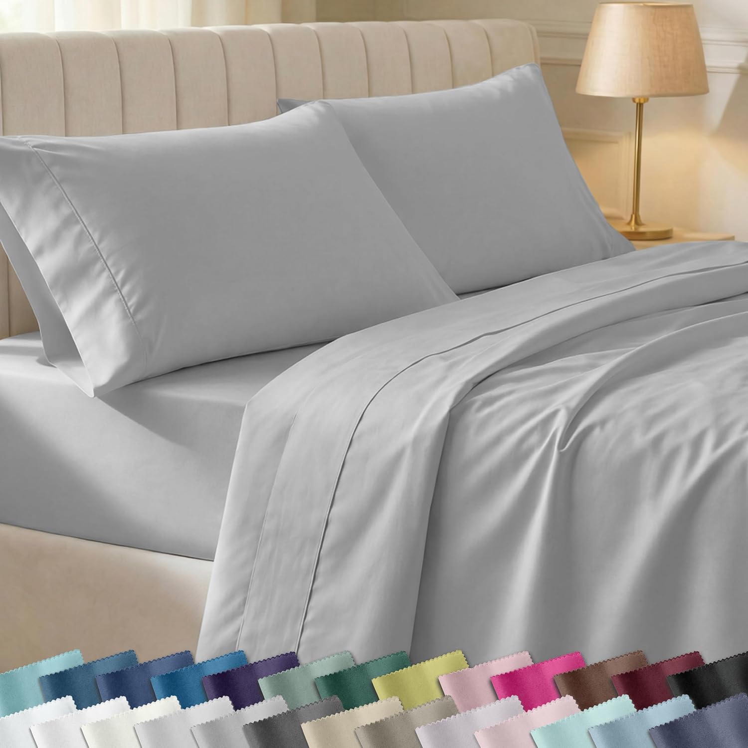California Design Den Soft 100% Cotton Sheets Queen Size Set, 400 TC Good Housekeeping Award Winner, Silky Smooth Sateen with Deep Pockets, Breathable and Durable Cotton Bedding Set - Light Grey - Image 2