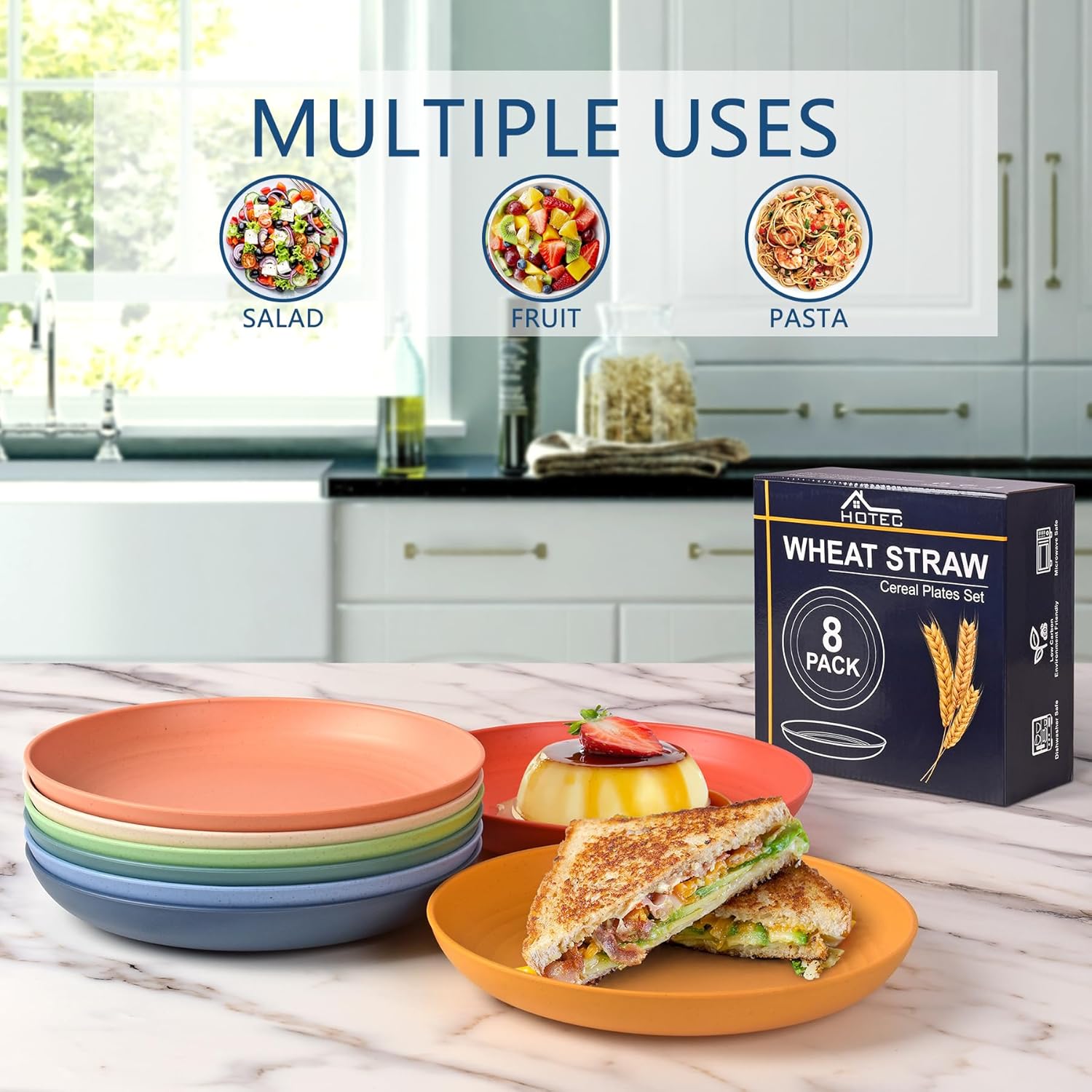 HOTEC 8-Pack 8inch BPA Free Unbreakable Deep Plastic Plates, Wheat Straw Camping Plates Dishwasher Safe Kitchen Plates Dinnerware Multicolor - Image 8