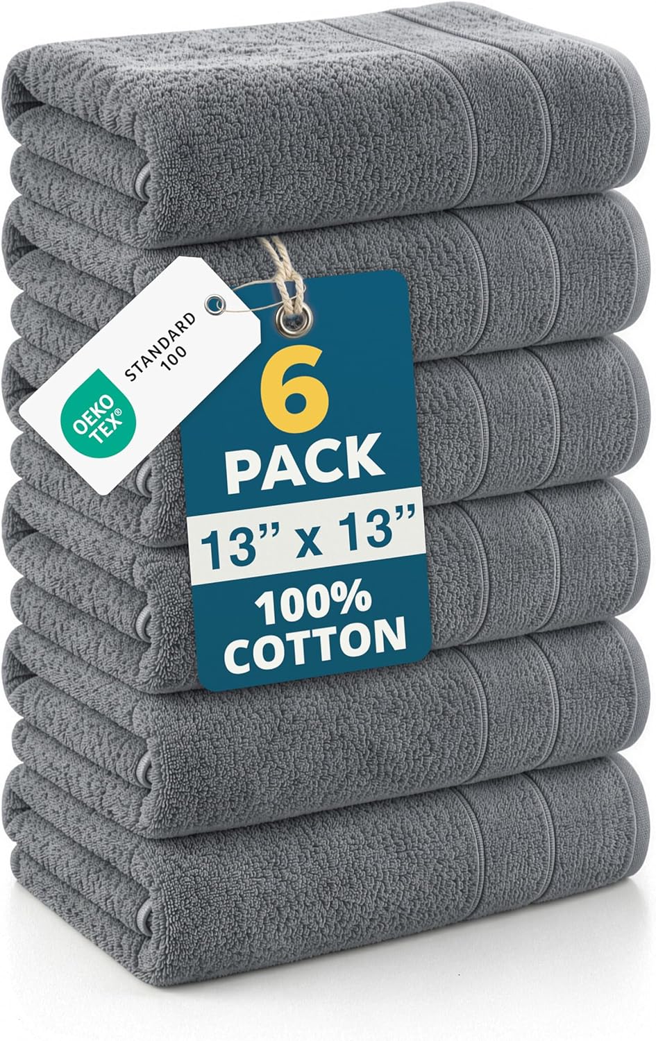 Casa Platino Wash Cloths Pack of 6-100% Cotton Washcloths for Daily use - 13"x13"- Soft, Gentle on Skin, Durable Stitching & Absorbent - Designed for Everyday Showers and Cleansing - Cool Grey