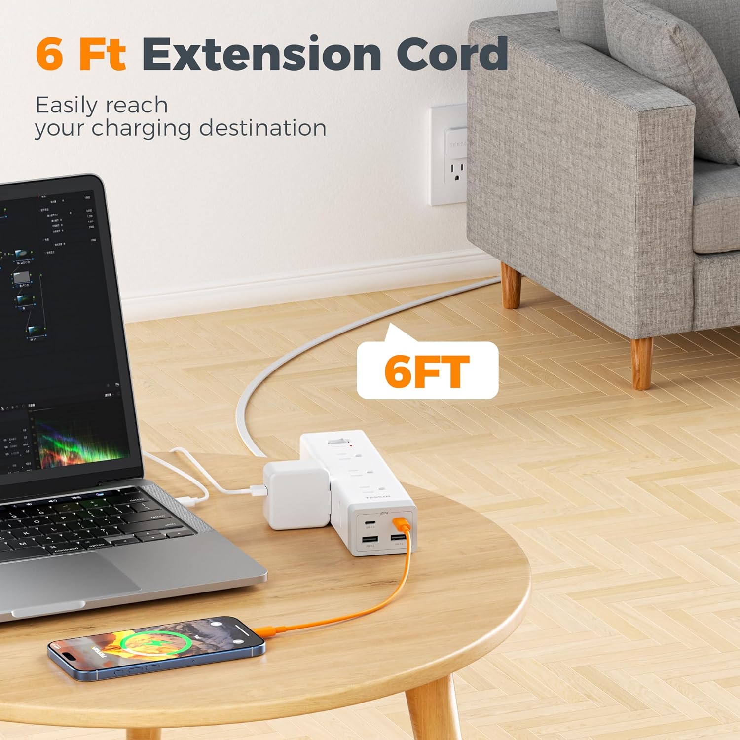 TESSAN Surge Protector Power Strip PD 20W, Ultra Thin Flat Plug 6 FT Extension Cord, 9 Outlets 4 USB(2 USB C), 1050J Protection Multiple Outlets Charging Station for Home, Office, College Dorm Room - Image 6