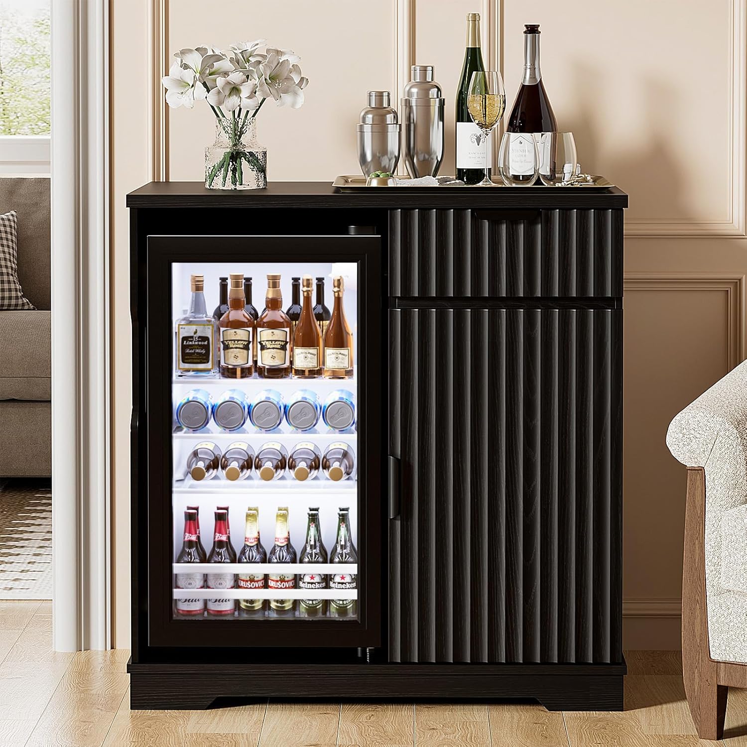 Mini Fridge Cabinet (Fridge Included), Fluted Coffee Bar Cabinet with Refrigerator, Pull Out Drawer & Storage Cabinets, 31.5" Liquor Wine Bar Cabinet for Home, Kitchen, Dining Room, Blac - Image 9