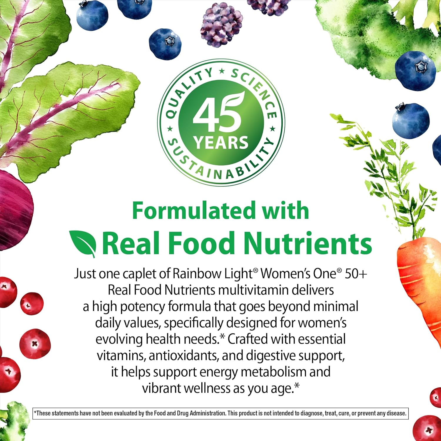 Rainbow Light Womens One + Multivitamin 50 Plus | 150 Caplets | Supports Menopause | with Vitamins C, D, and Zinc | Real Food Nutrients, Digestive Enzymes & Probiotics - Image 7