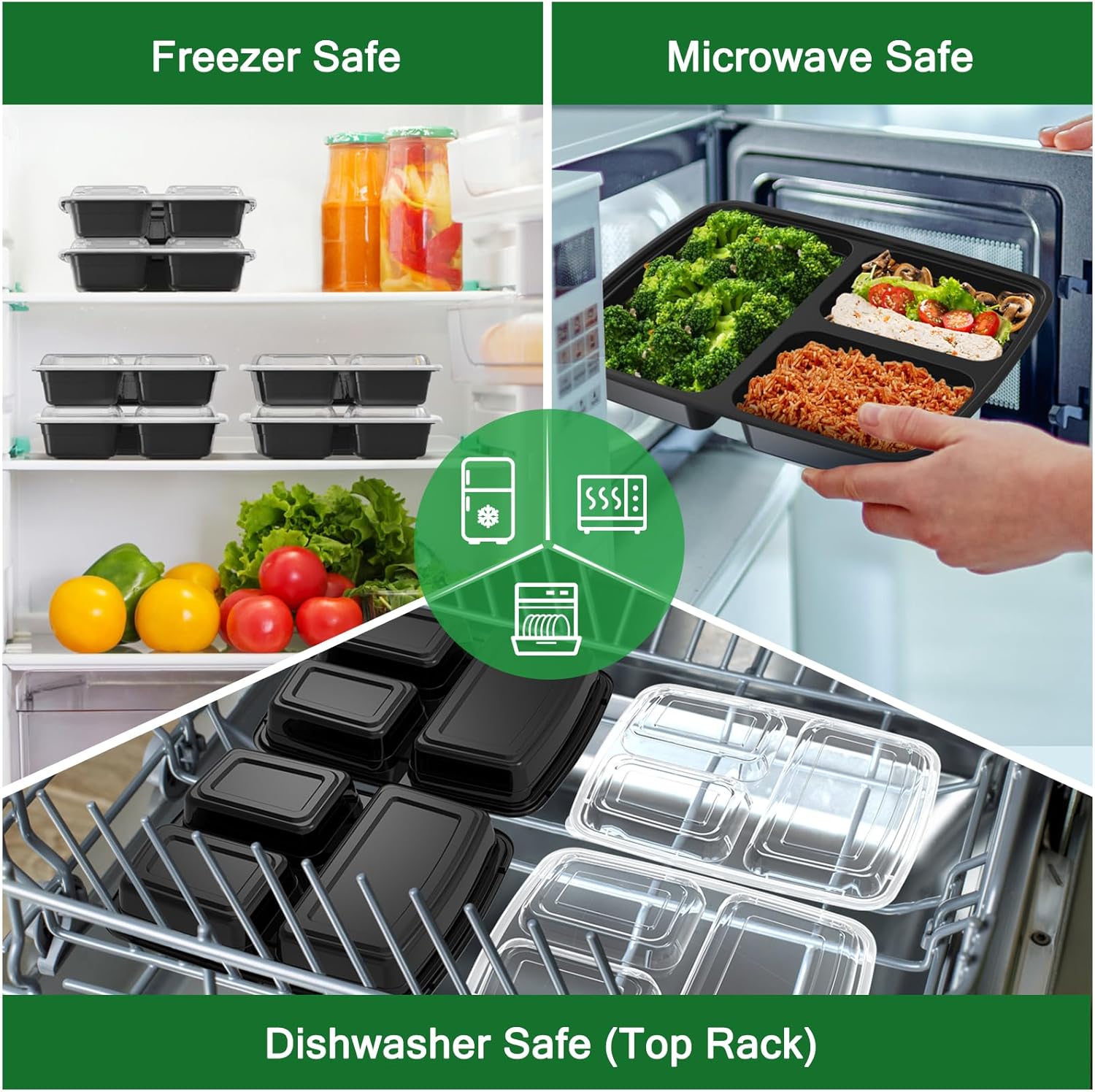 50 Pack (100-Piece) 32 oz Meal Prep Containers Reusable with Lids 3-Compartment, To Go Take Out Plastic Food Storage Containers, Sturdy Leakproof Food Safe, Microwave Freezer Dishwasher Safe, Black - Image 6