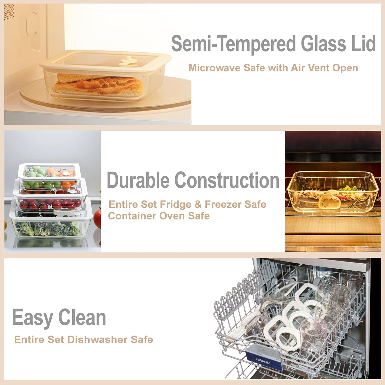 Urban Green Glass Food Container Set with Glass Lid, 6 Pack, Food Storage Containers Set, Airtight, LeakProof, Micowave Safe, 100% Plastic Free, Meal Prep Containers (White Color) - Image 4