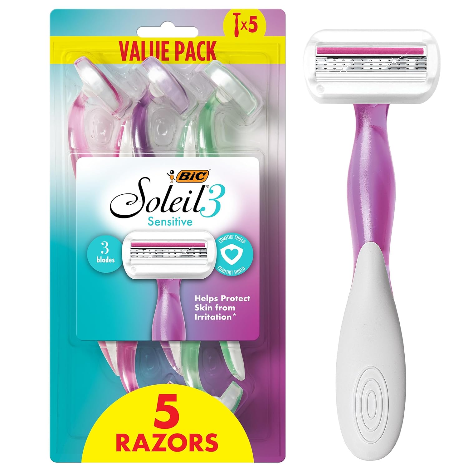 BIC Soleil 3 Sensitive Women's Disposable 3-Blade Razors, Comfort Shield and Moisture Strip, 5-Pack - Image 2