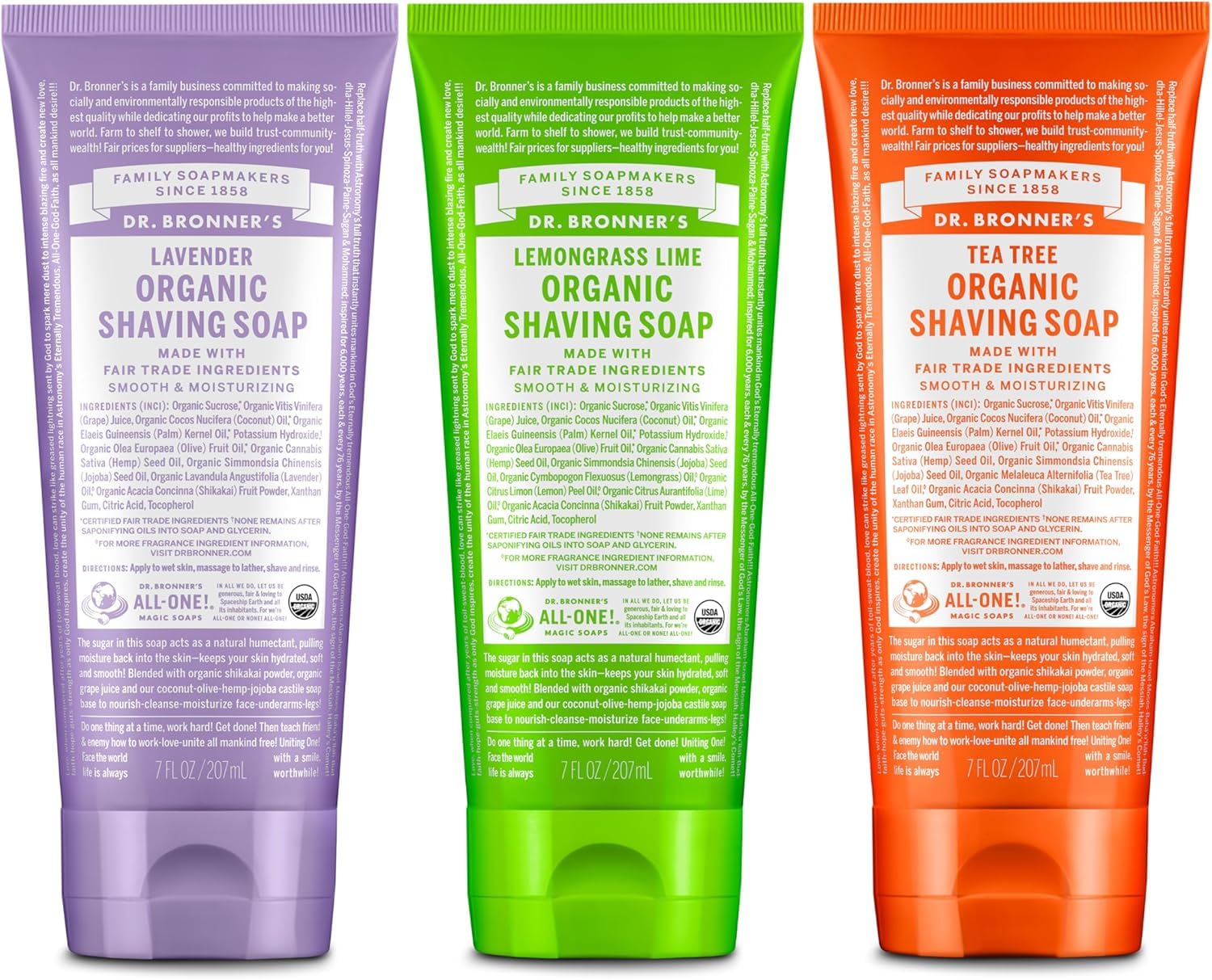 Dr. Bronner's Organic Shaving Soap– 3 Pack Variety, 7oz (Lavender, Tea Tree, Lemongrass)– Moisturizing Shave Soap for Men & Women– Certified Organic Sugar & Shikakai– For Face, Underarms & Legs - Image 2