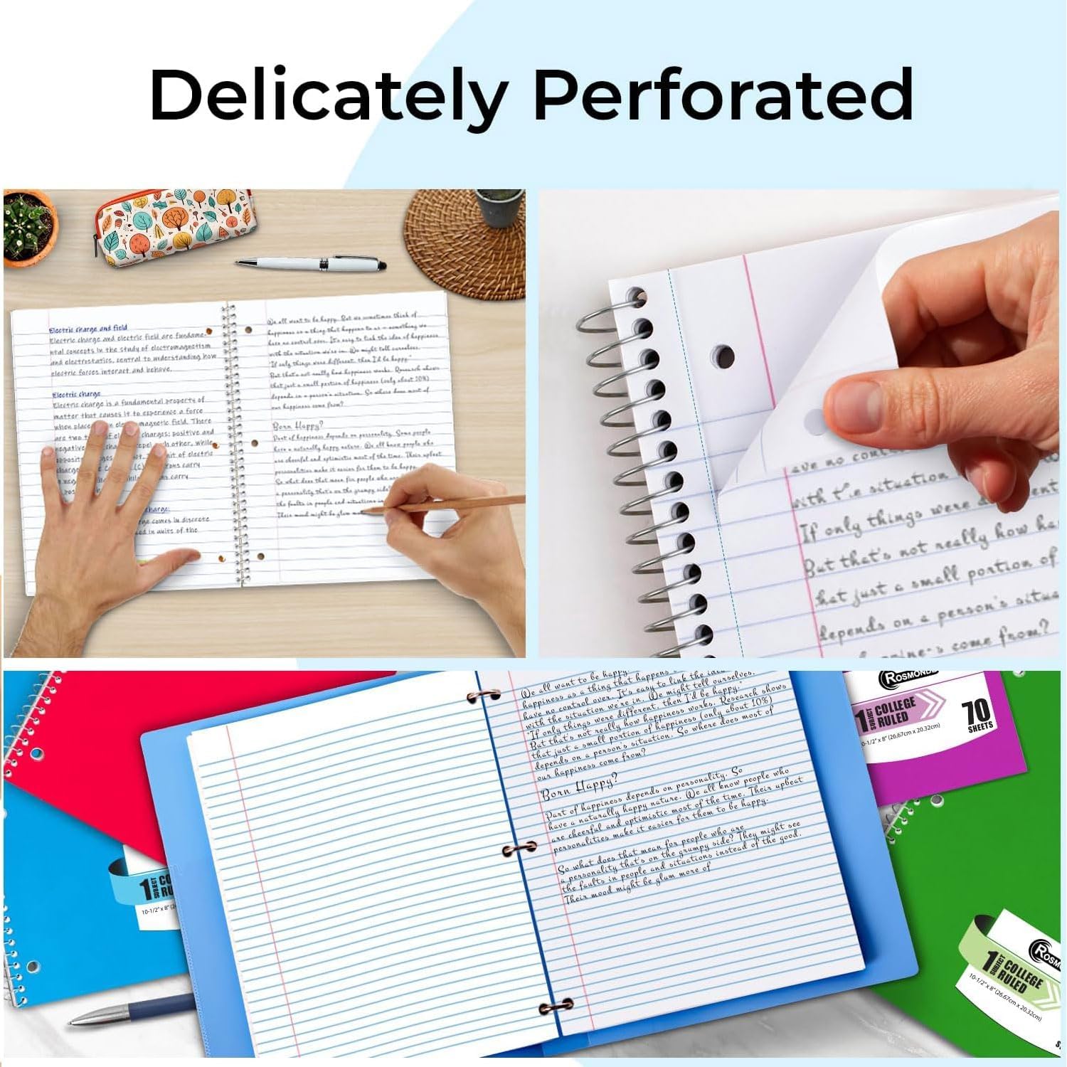 Rosmonde Spiral Notebook, 12 Pack, 1 Subject, College Ruled, 70 Sheets, 8 x 10-1/2", 3 Hole Punched, Bulk College Ruled Notebooks for School, Single Subject Spiral Notebook Bulk, Assorted Colors - Image 4