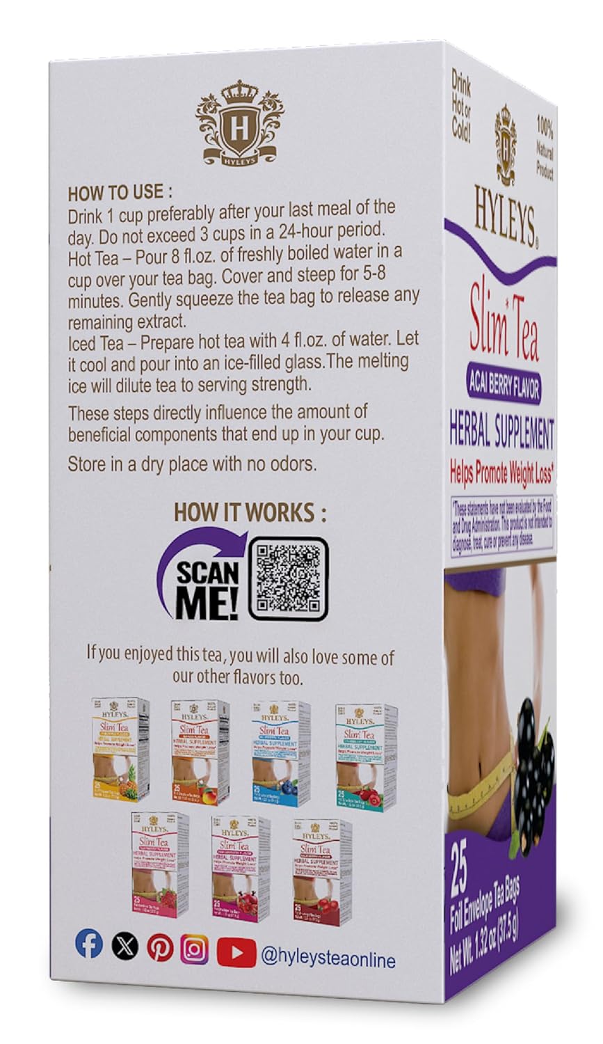 HYLEYS Slim Tea Acai Berry Flavor - Weight Loss Herbal Supplement Cleanse and Detox - 25 Tea Bags (1 Pack) - Image 6